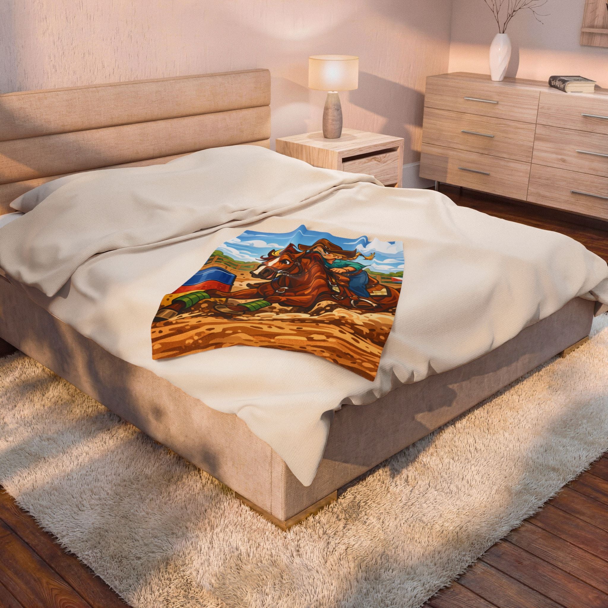 Cartoon Barrel Racing Horse Velveteen Plush Blanket — Rodeo Cow Girl Throw