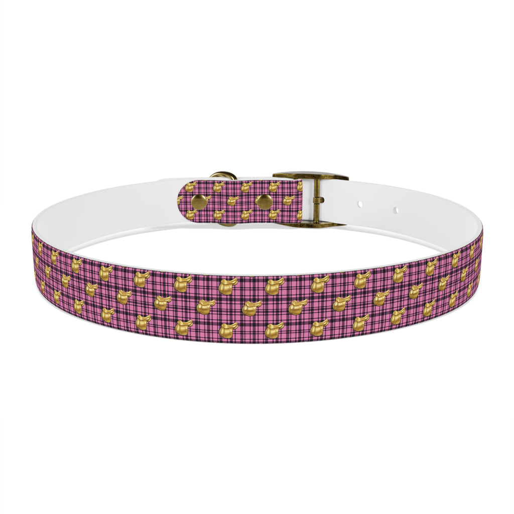 Pink Plaid Dog Collar with Tiny Gold Saddle Pattern