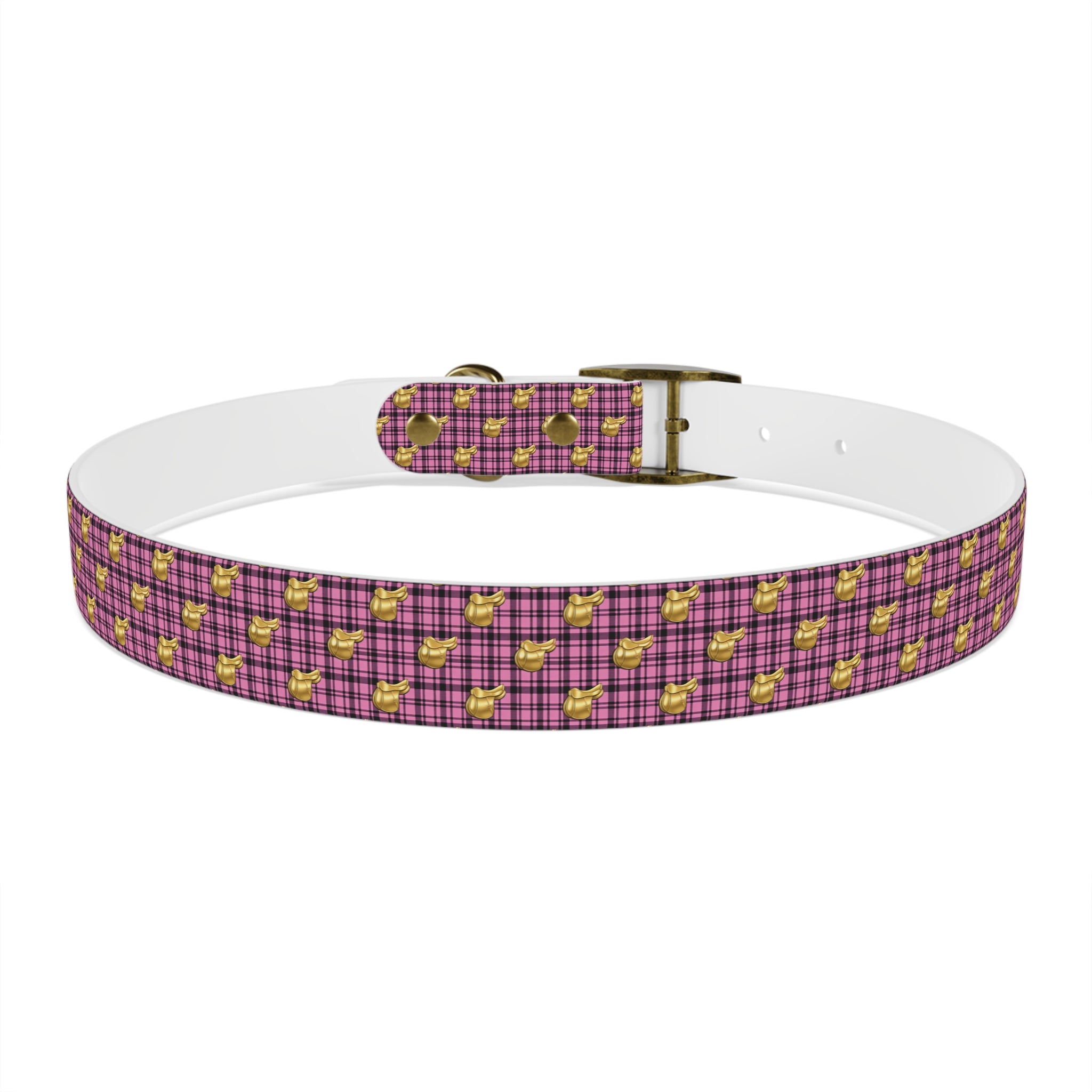 Pink Plaid Dog Collar with Tiny Gold Saddle Pattern