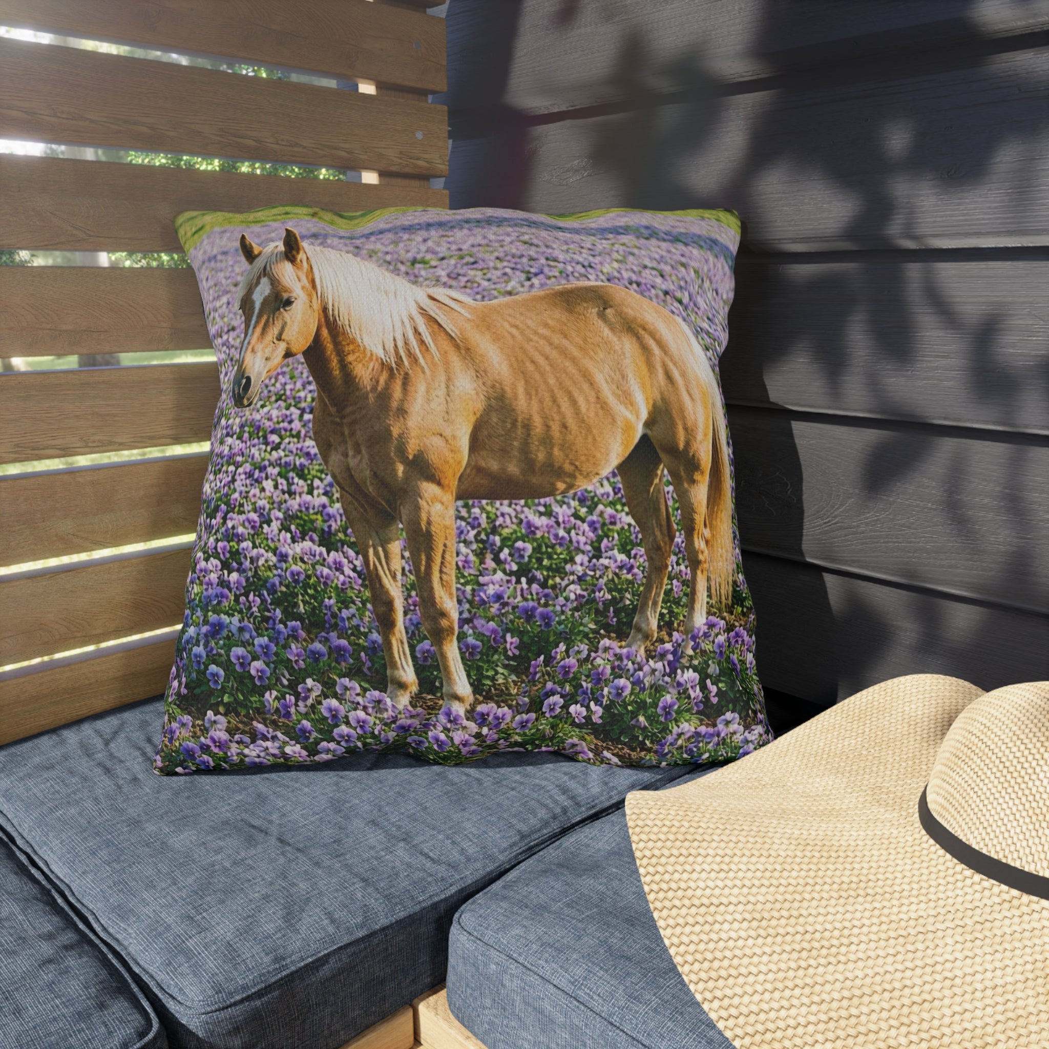 Horse in Lavender Field Outdoor Pillow  Floral Farmhouse Patio Decor