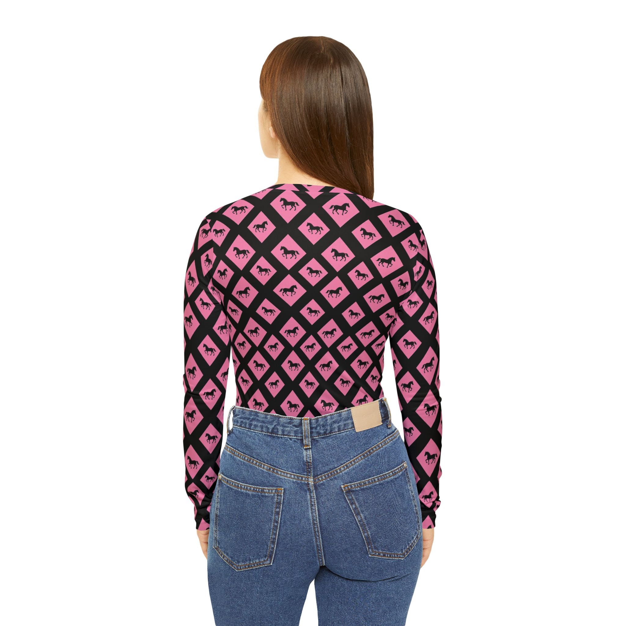 Pink Black Diamond horses cooling V-Neck Long Sleeve — Women's Patterned Top