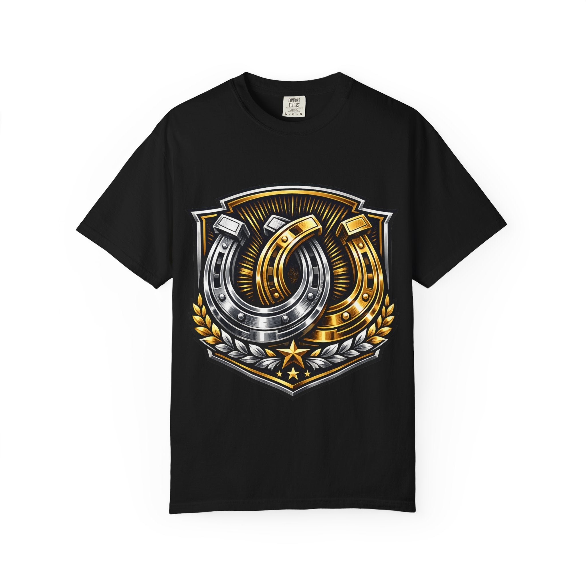 Horseshoe Crest T-Shirt — Lucky Gold & Silver Horseshoes Shield Design