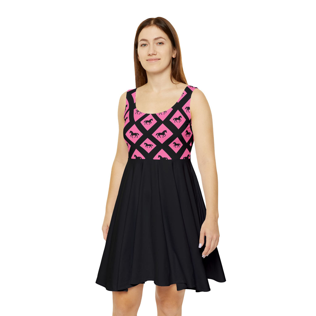 Women's Skater Dress Pink And Black Horse Print