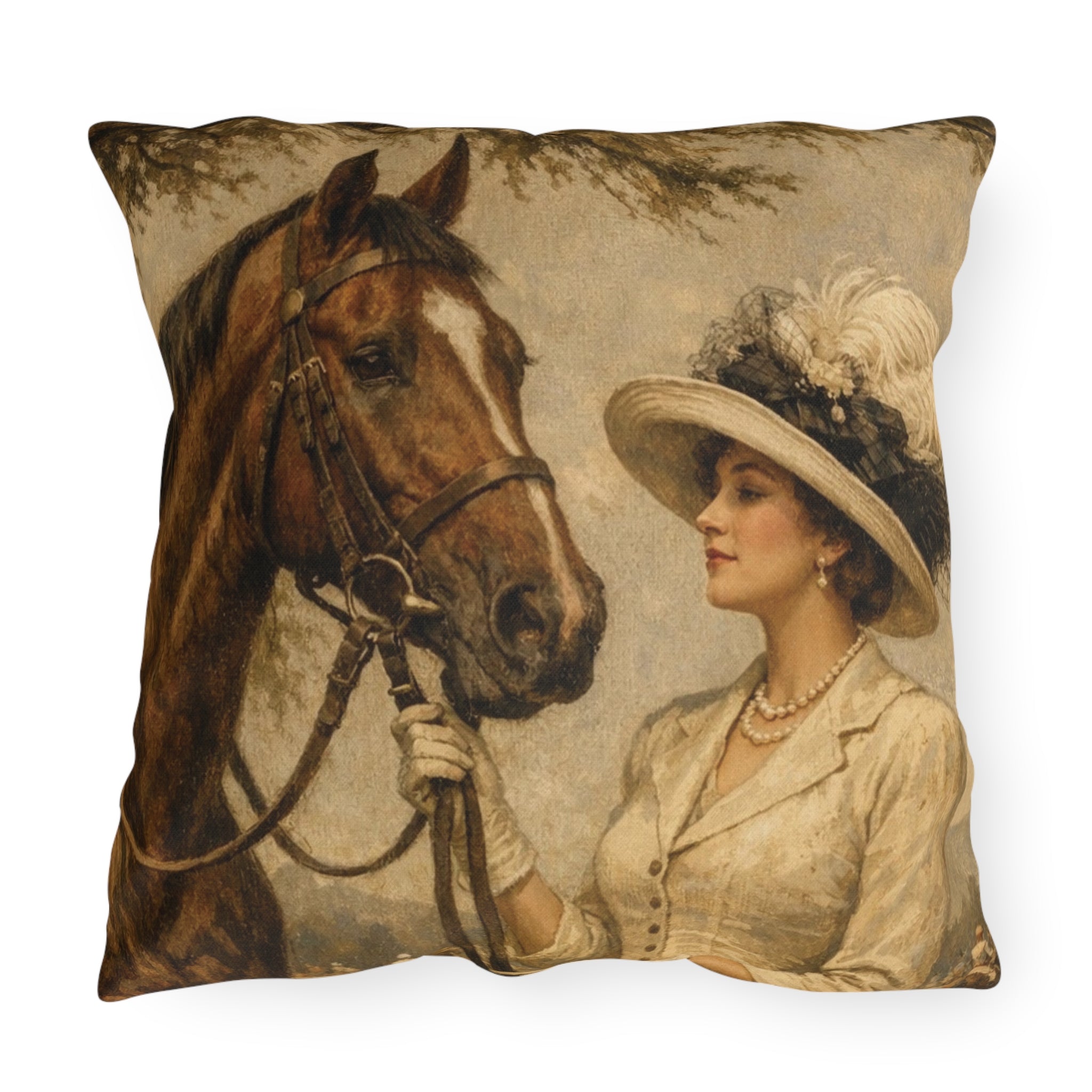 Vintage Equestrian Outdoor Pillow  Lady and Horse Art