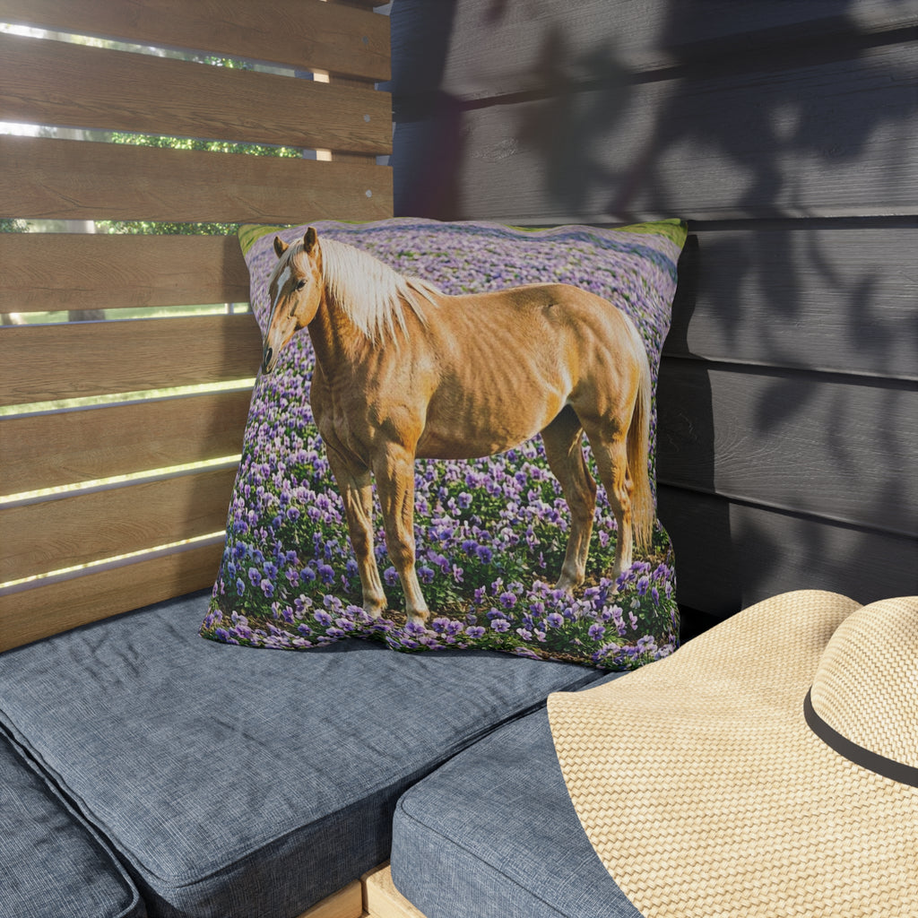 Horse in Lavender Field Outdoor Pillow  Floral Farmhouse Patio Decor