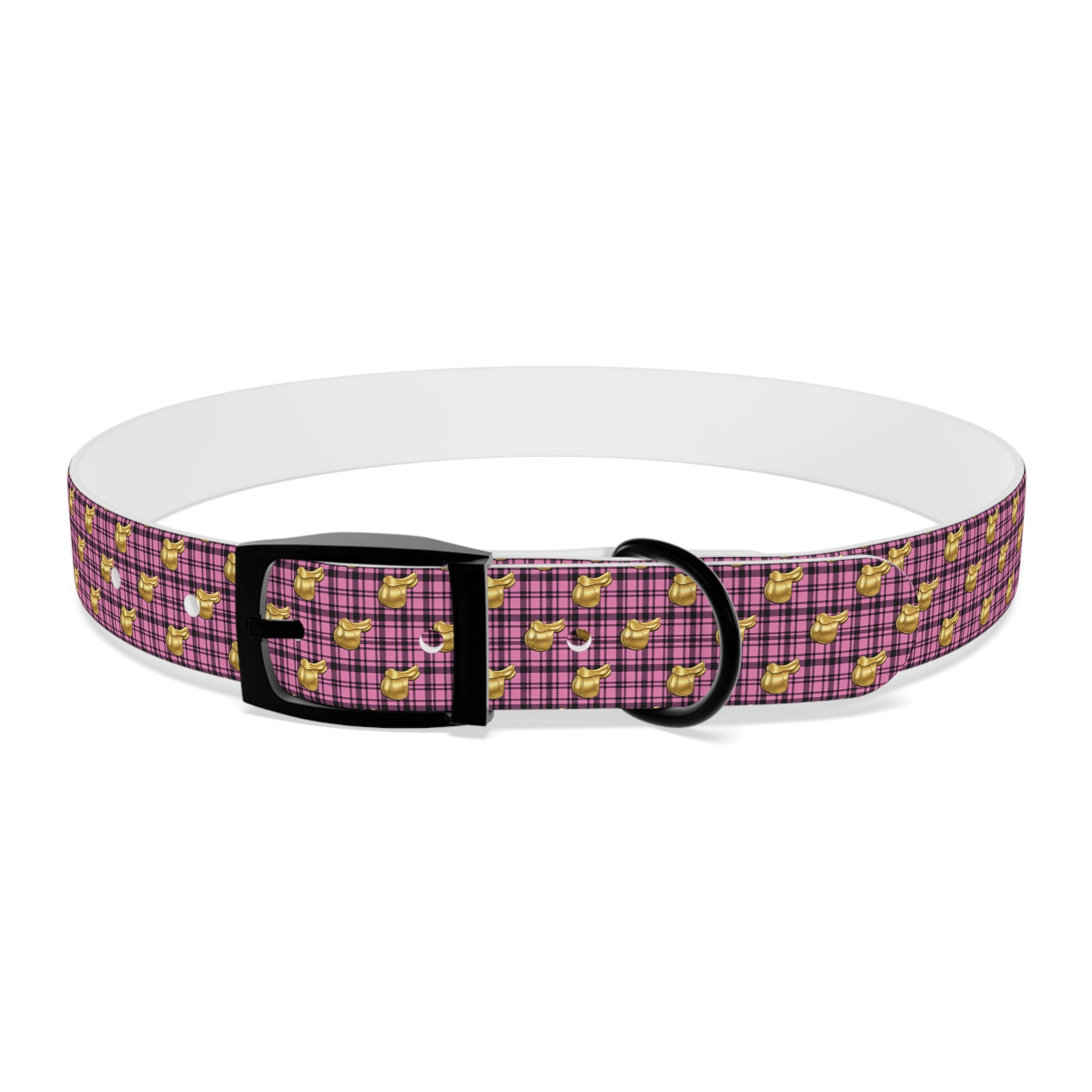 Pink Plaid Dog Collar with Tiny Gold Saddle Pattern