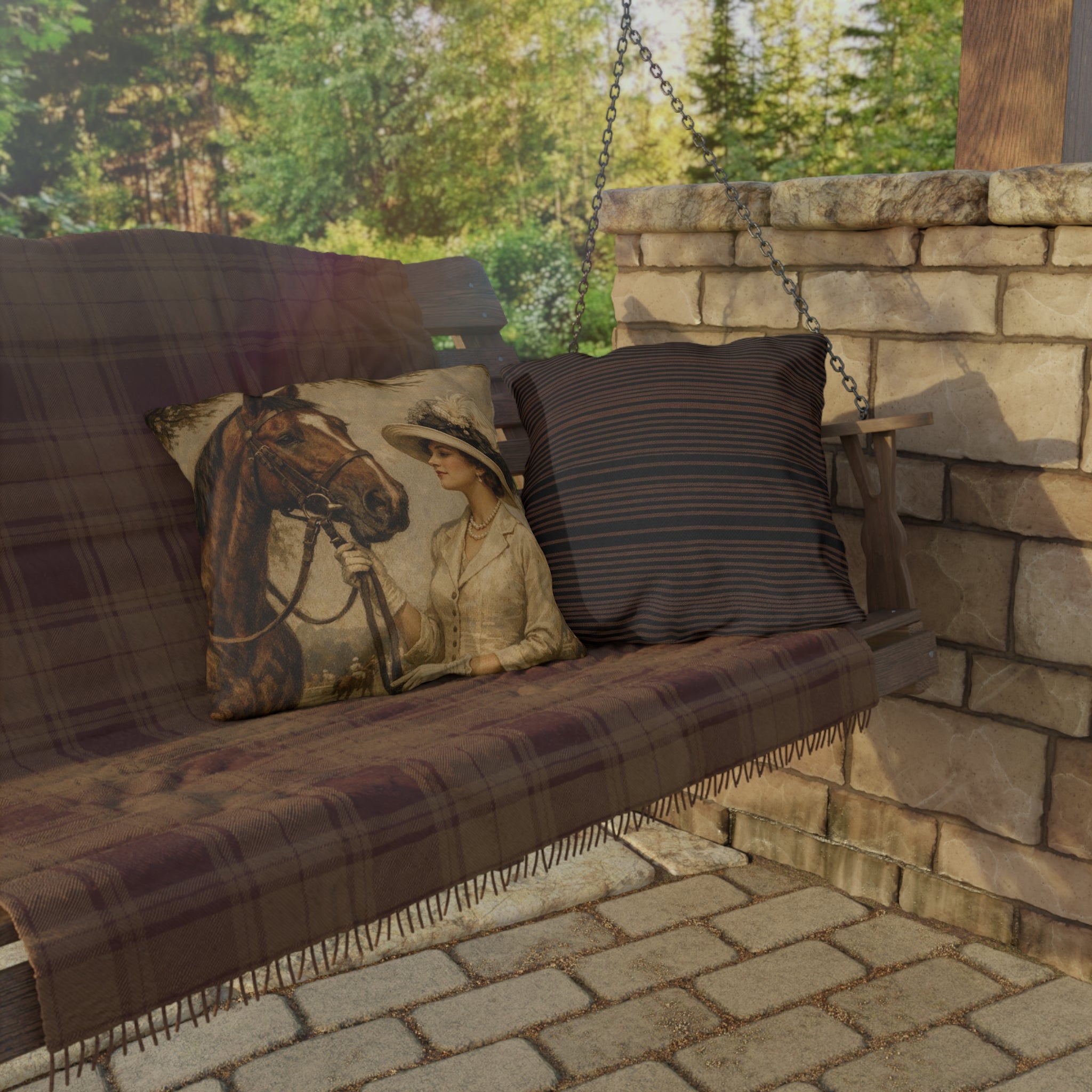 Vintage Equestrian Outdoor Pillow  Lady and Horse Art
