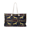 Equestrian Vintage Navy Weekender Bag — Gold Horse Pattern Travel Tote