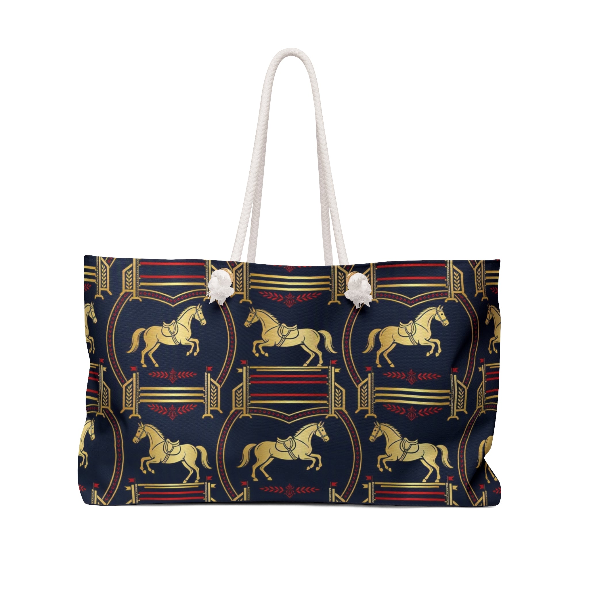 Equestrian Vintage Navy Weekender Bag — Gold Horse Pattern Travel Tote