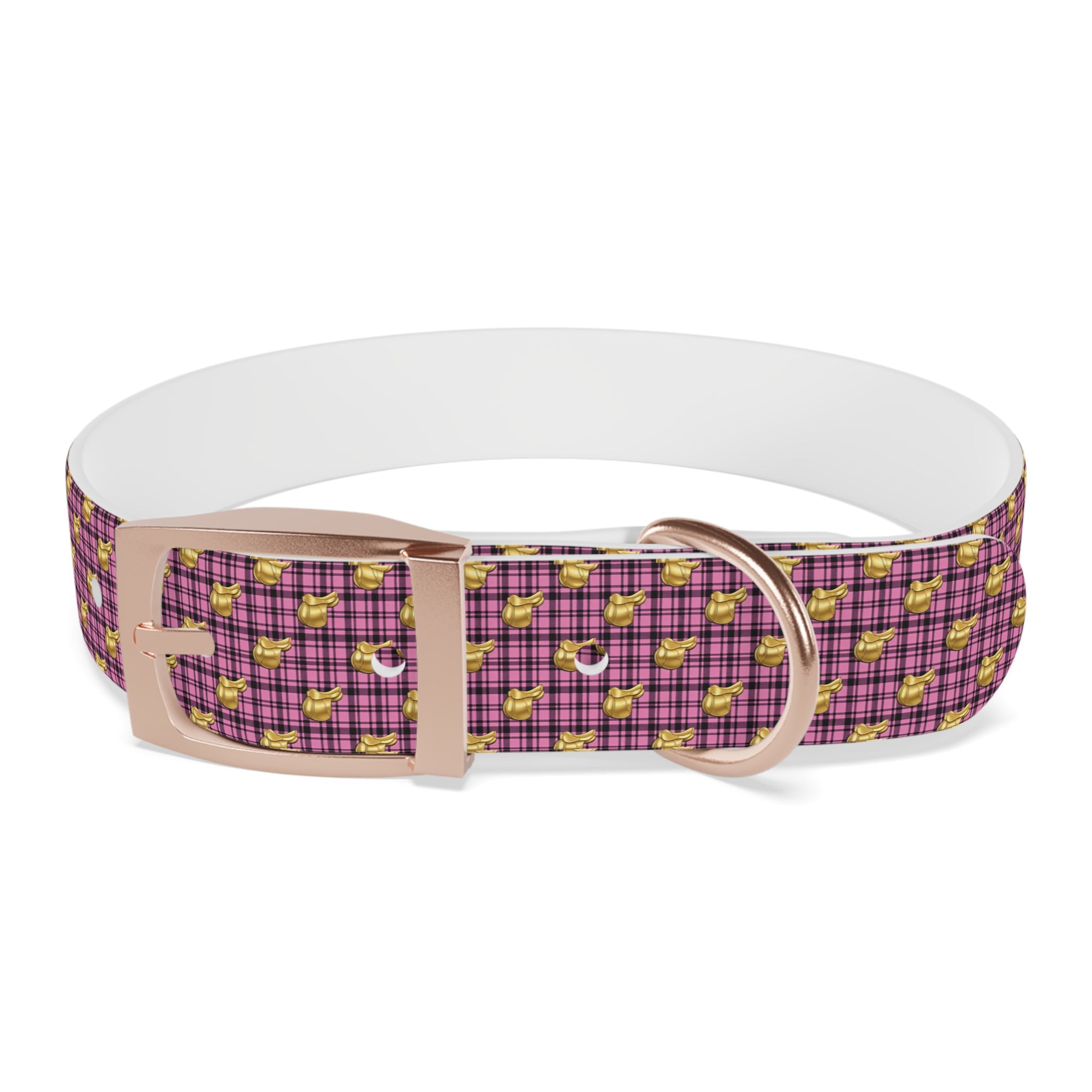 Pink Plaid Dog Collar with Tiny Gold Saddle Pattern