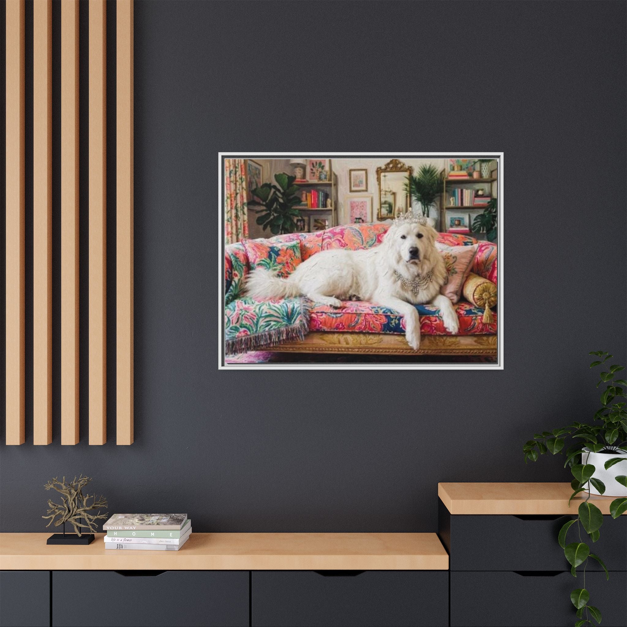 Framed Matte Canvas Regal Great Pyrenees presented in a whimsical lounge