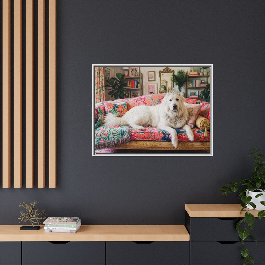 Framed Matte Canvas Regal Great Pyrenees presented in a whimsical lounge
