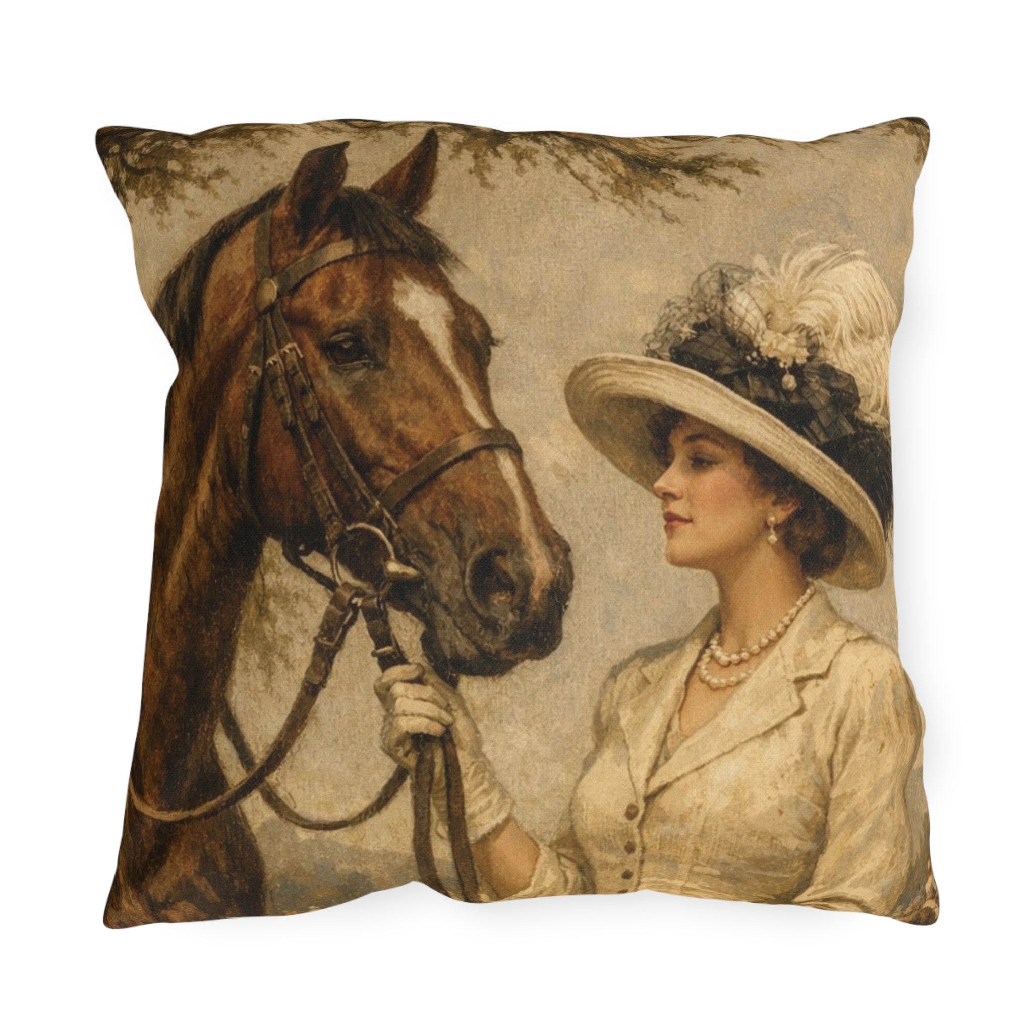 Vintage Equestrian Outdoor Pillow  Lady and Horse Art
