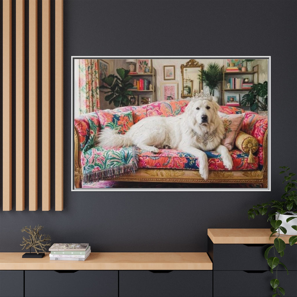 Framed Matte Canvas Regal Great Pyrenees presented in a whimsical lounge