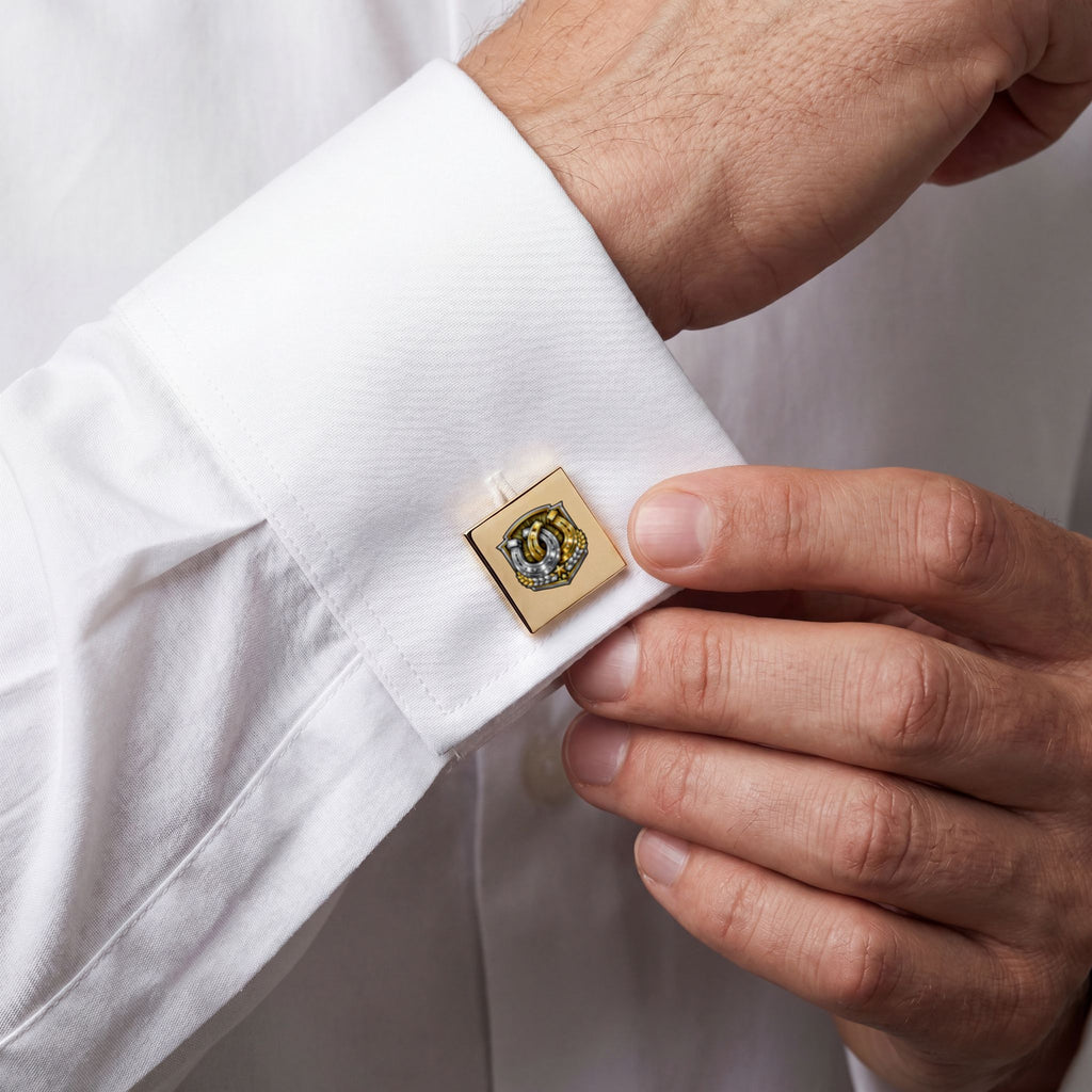 Gold Cufflinks with Horseshoe Crest Emblem — Equestrian Luck Dress Accessories