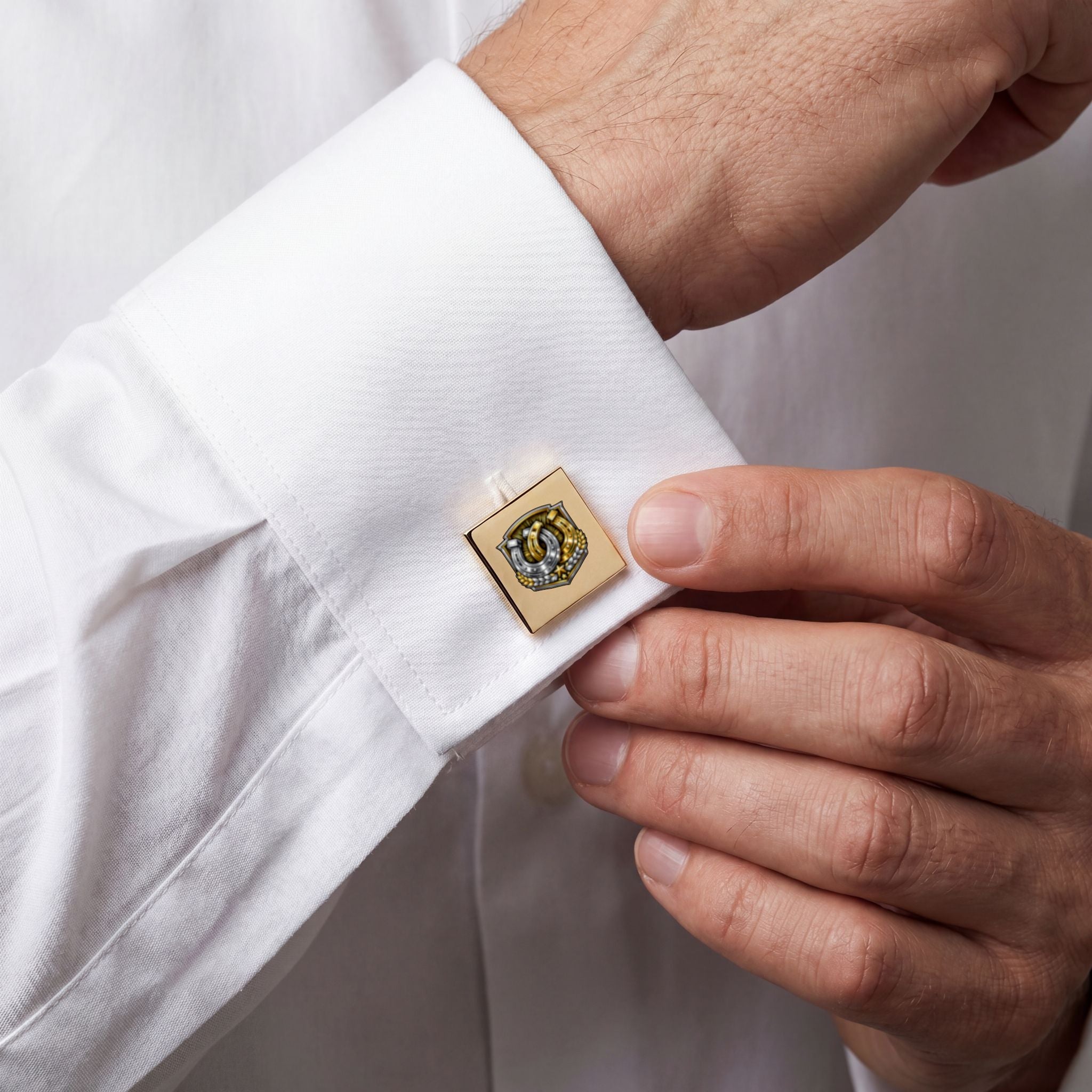 Gold Cufflinks with Horseshoe Crest Emblem — Equestrian Luck Dress Accessories