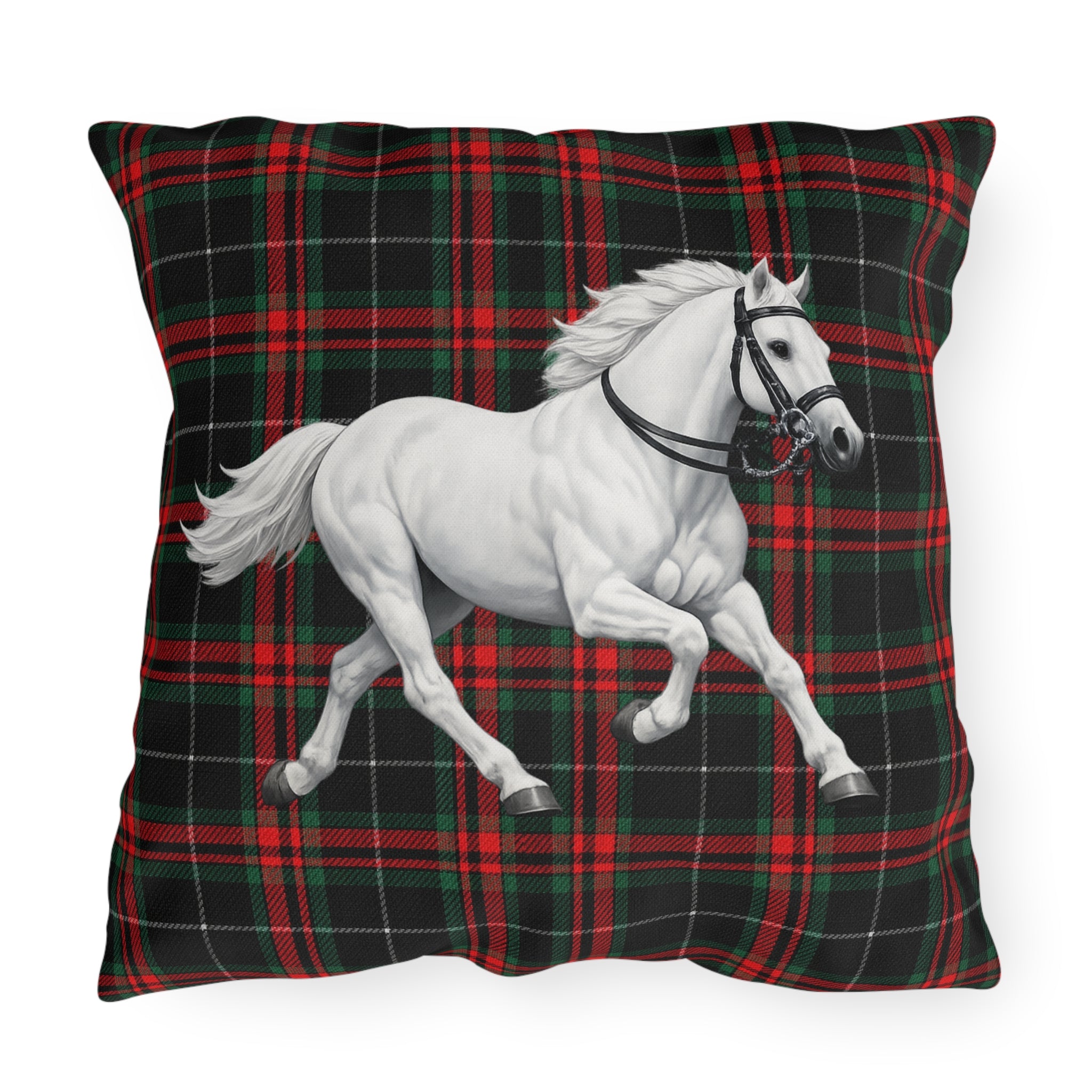 White Horse on Red and Black Tartan Outdoor Pillow