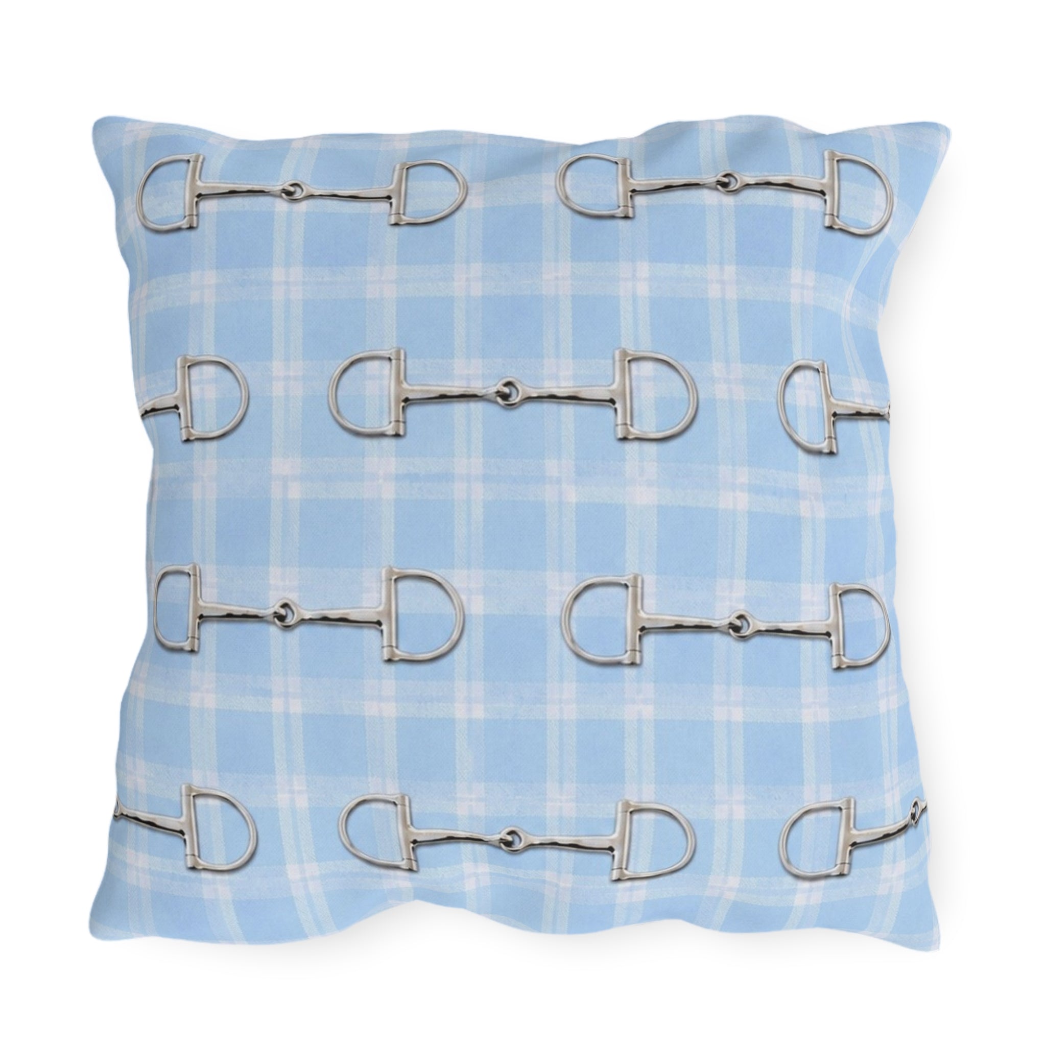 Baby Blue Plaid Horse Bit Outdoor Pillow