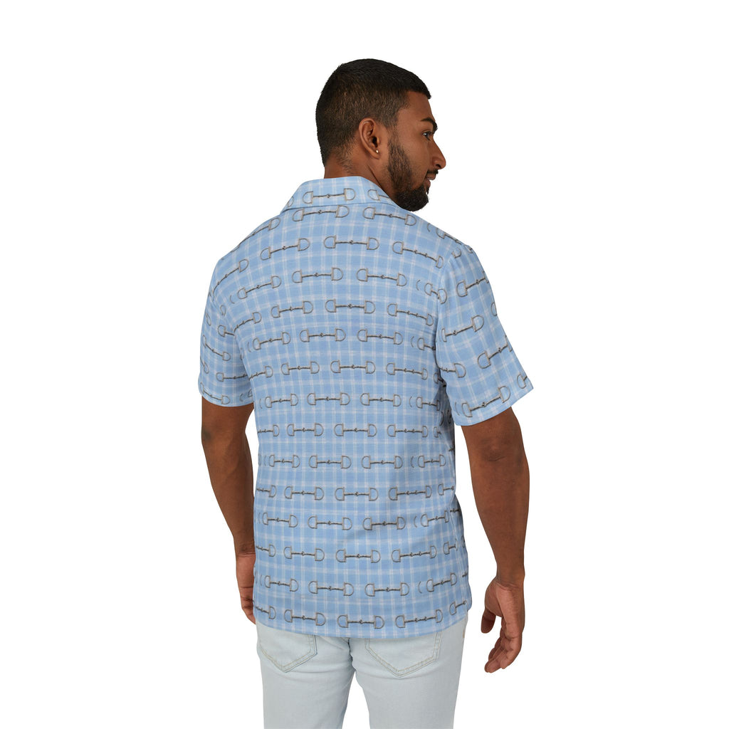 Men's Light Blue Hawaiian Camp Shirt — Horse Bit Pattern Button Down  Shirt
