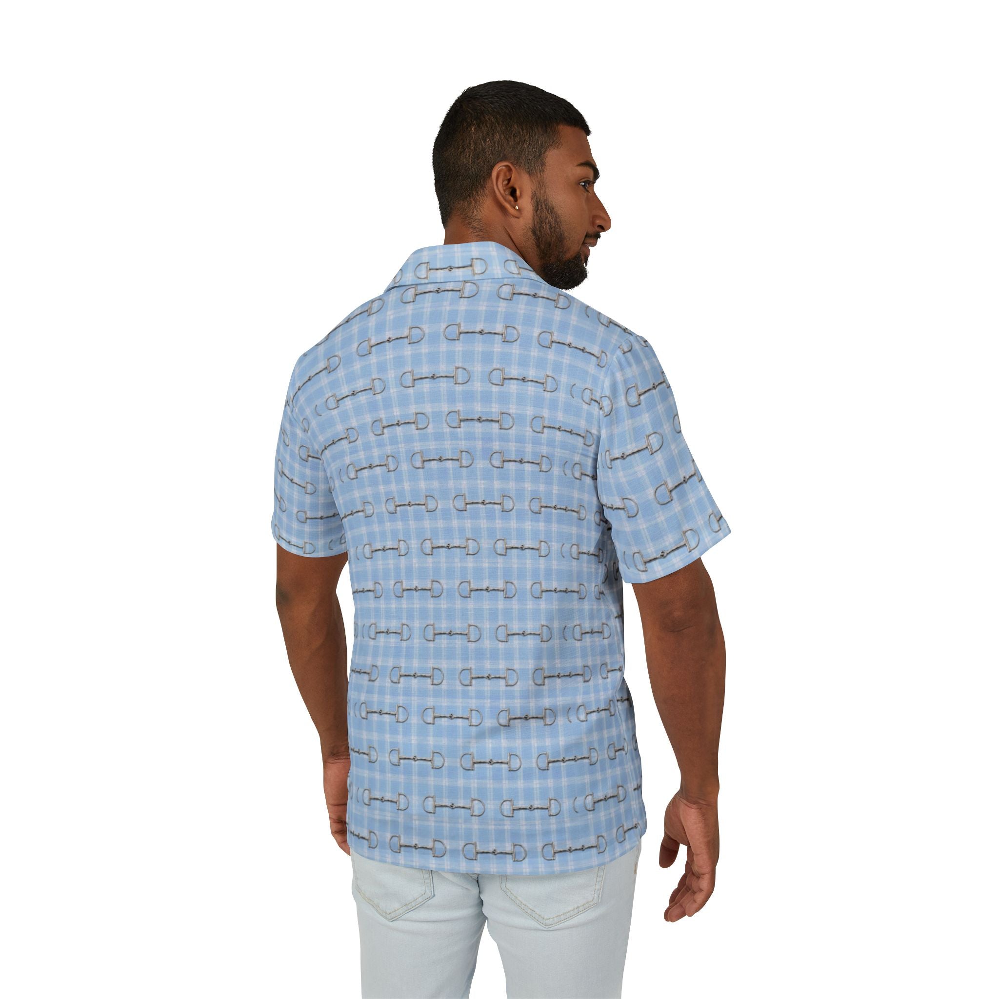 Men's Light Blue Hawaiian Camp Shirt — Horse Bit Pattern Button Down  Shirt