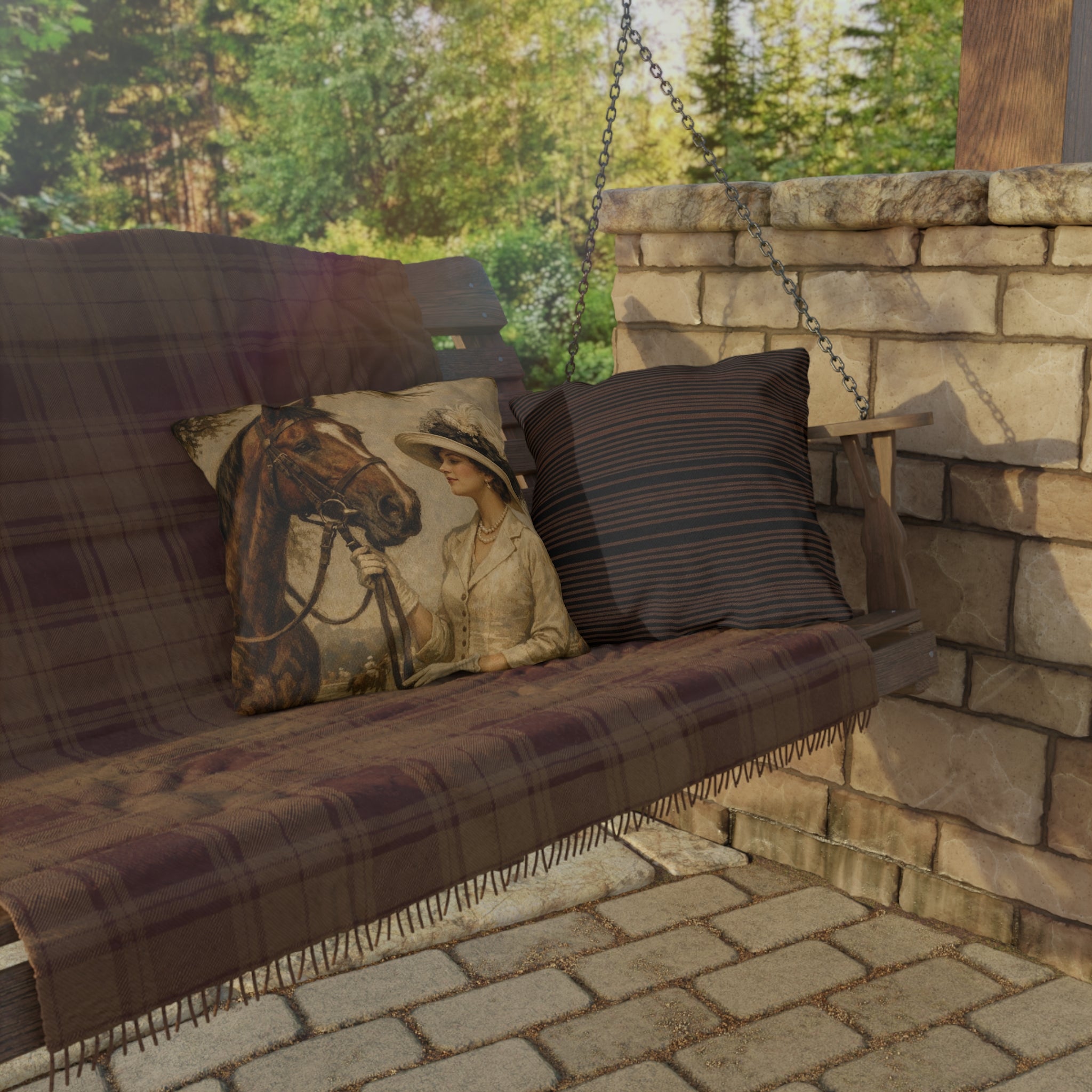 Vintage Equestrian Outdoor Pillow  Lady and Horse Art