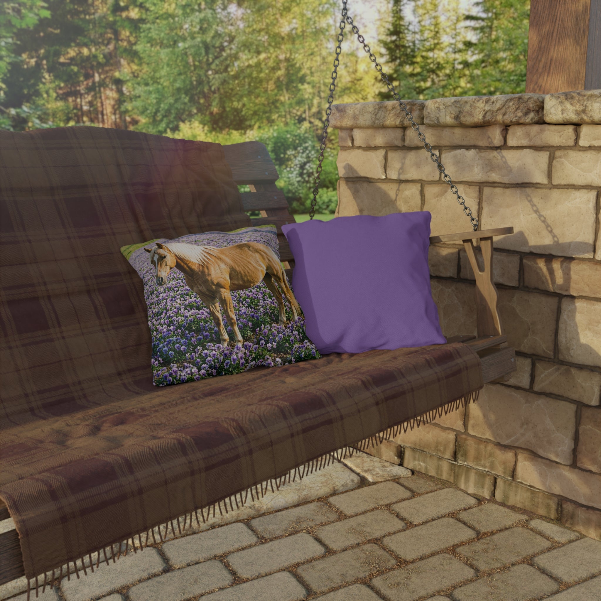 Horse in Lavender Field Outdoor Pillow  Floral Farmhouse Patio Decor
