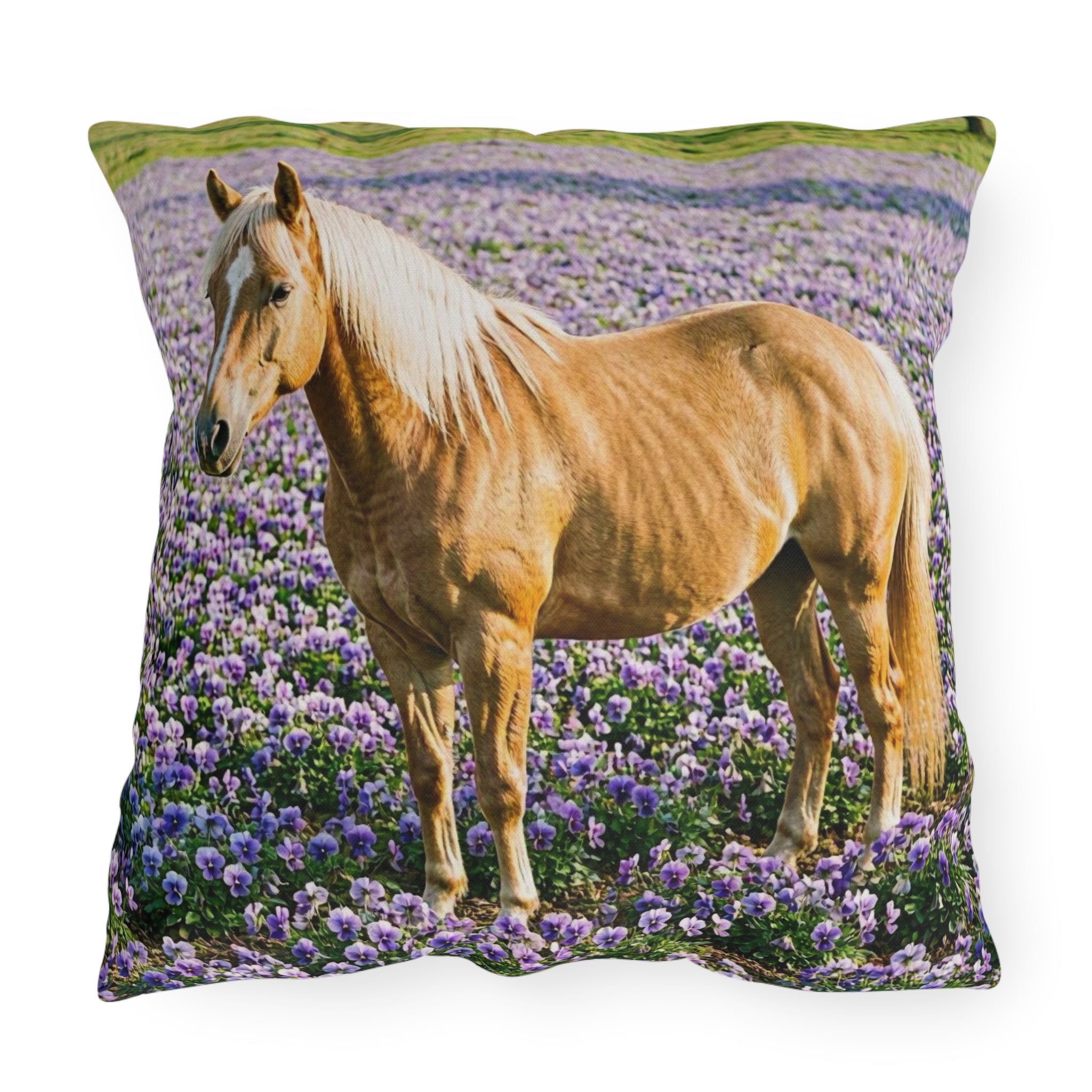 Horse in Lavender Field Outdoor Pillow  Floral Farmhouse Patio Decor