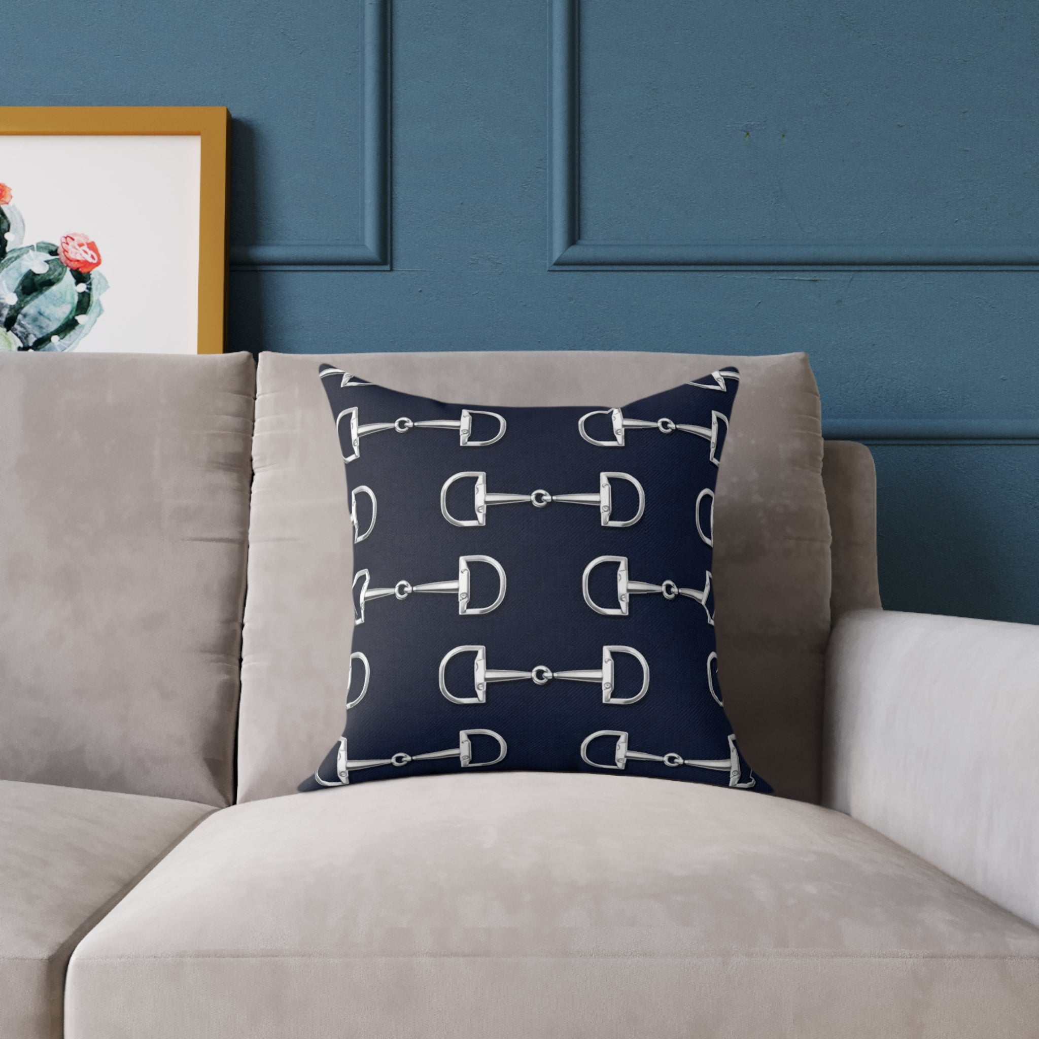 Equestrian Bit Pattern Pillow — Navy Square Throw Pillow