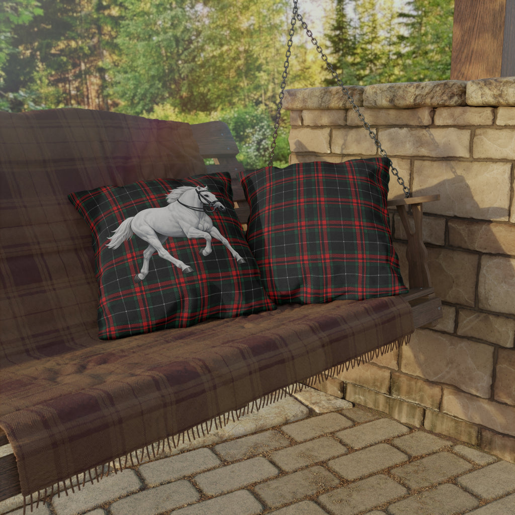 White Horse on Red and Black Tartan Outdoor Pillow