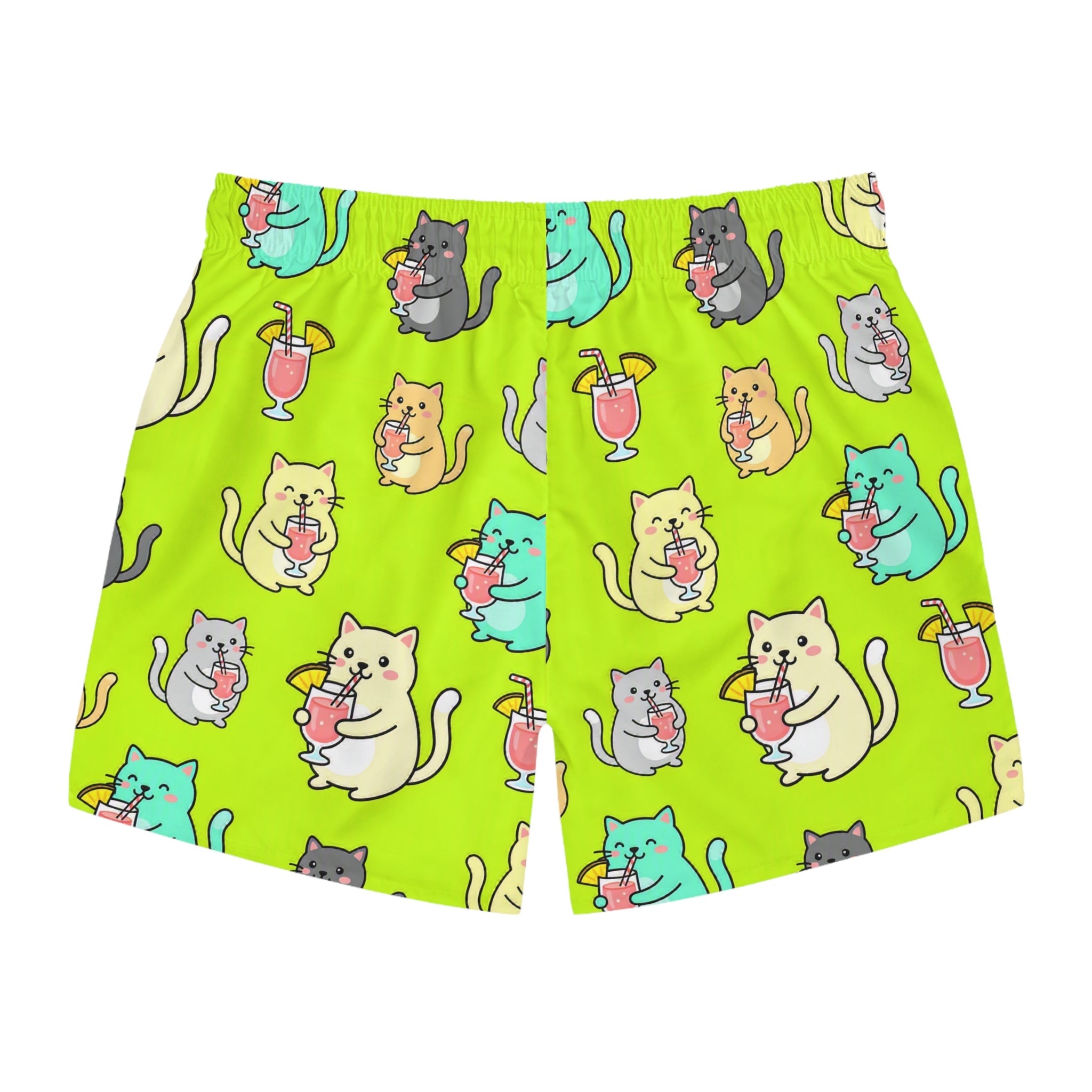 Cute Cat Swim Trunks — Neon Green  Cats with Tropical Drinks
