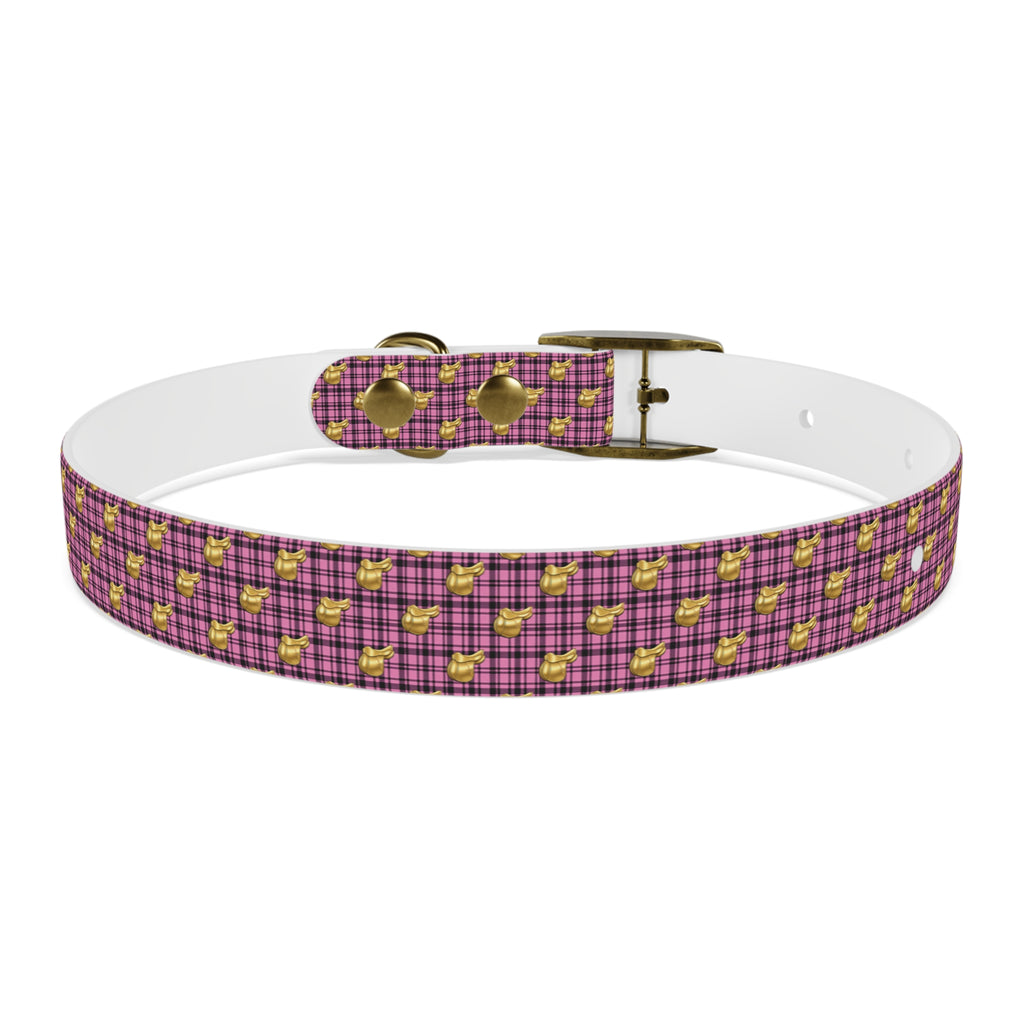 Pink Plaid Dog Collar with Tiny Gold Saddle Pattern