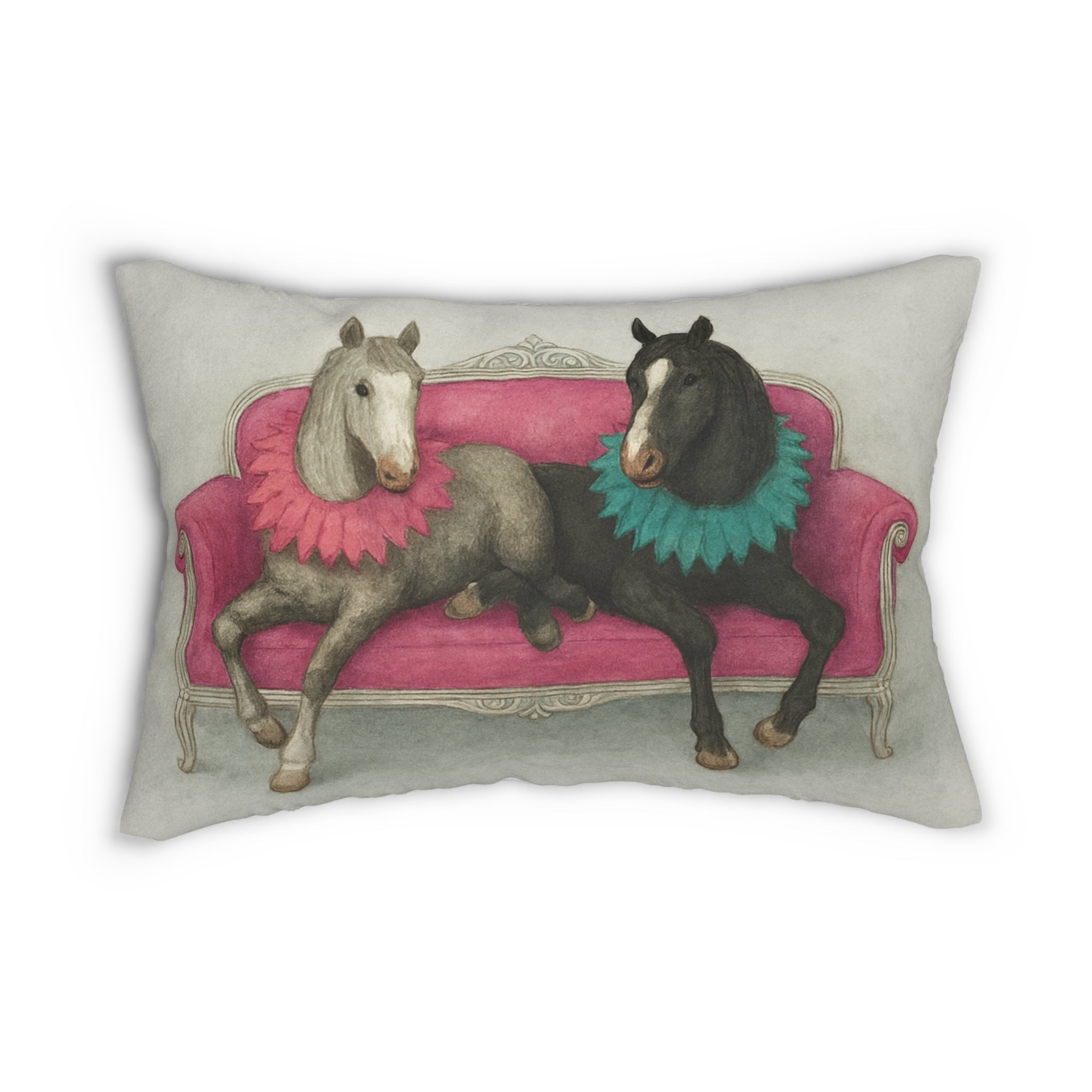 Whimsical Horses on Pink Sofa Lumbar Pillow