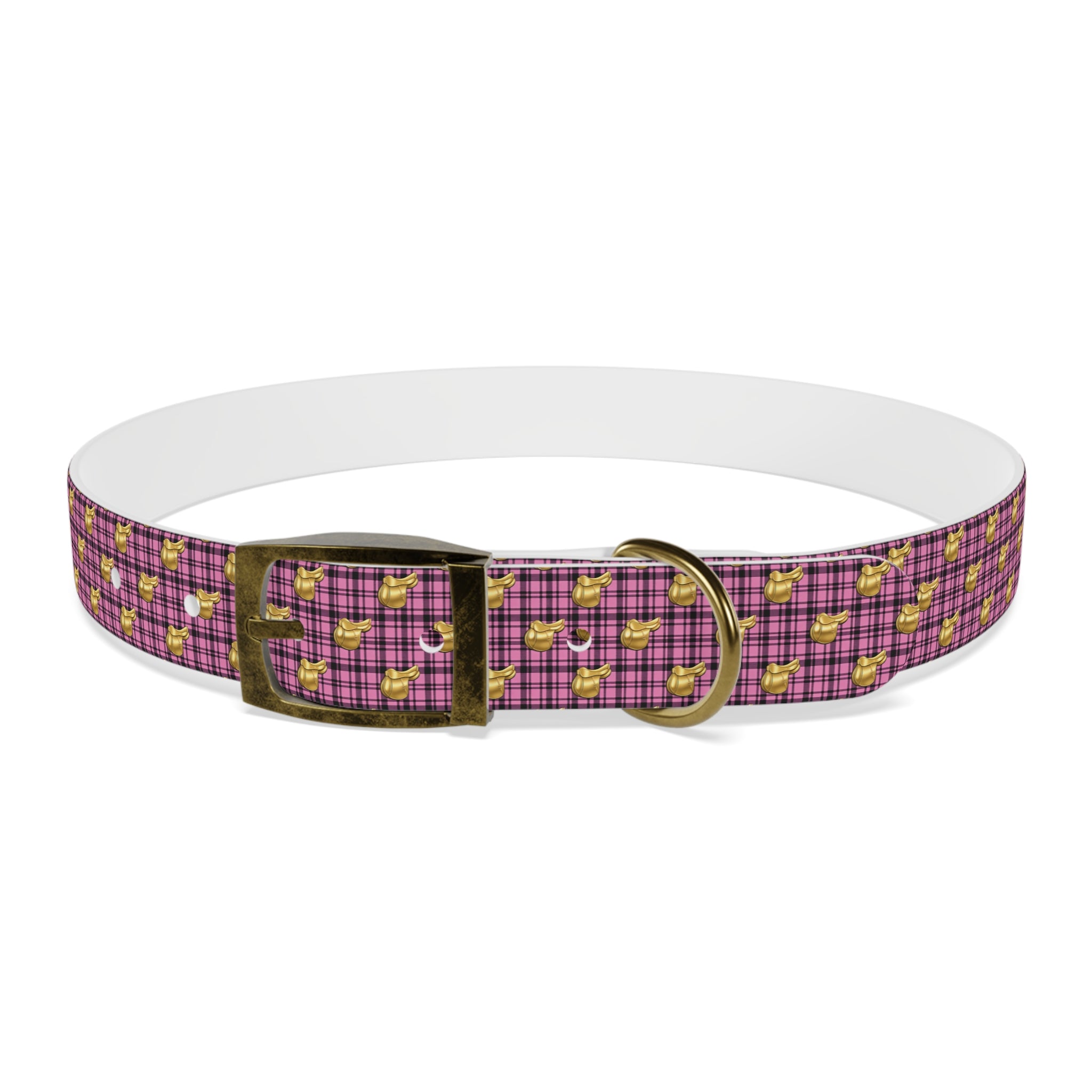 Pink Plaid Dog Collar with Tiny Gold Saddle Pattern