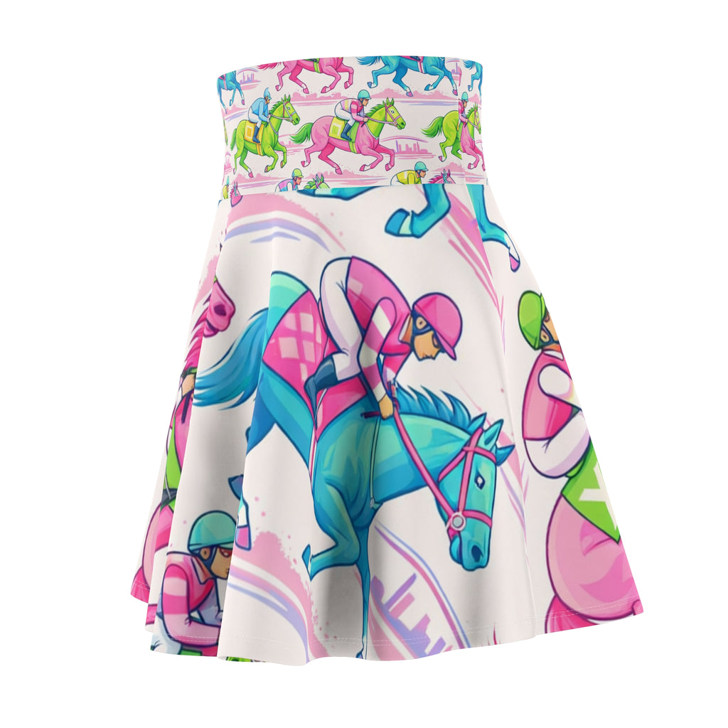 Colorful race horse Horse Skater Skirt — Pink & Teal Equestrian Print