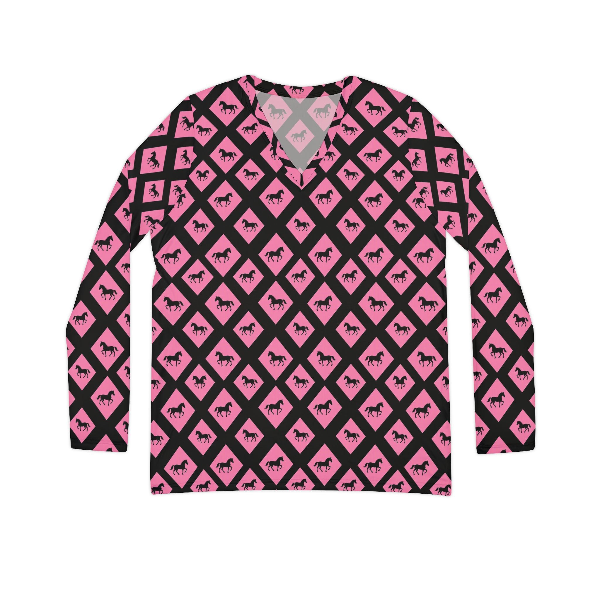 Pink Black Diamond horses cooling V-Neck Long Sleeve — Women's Patterned Top