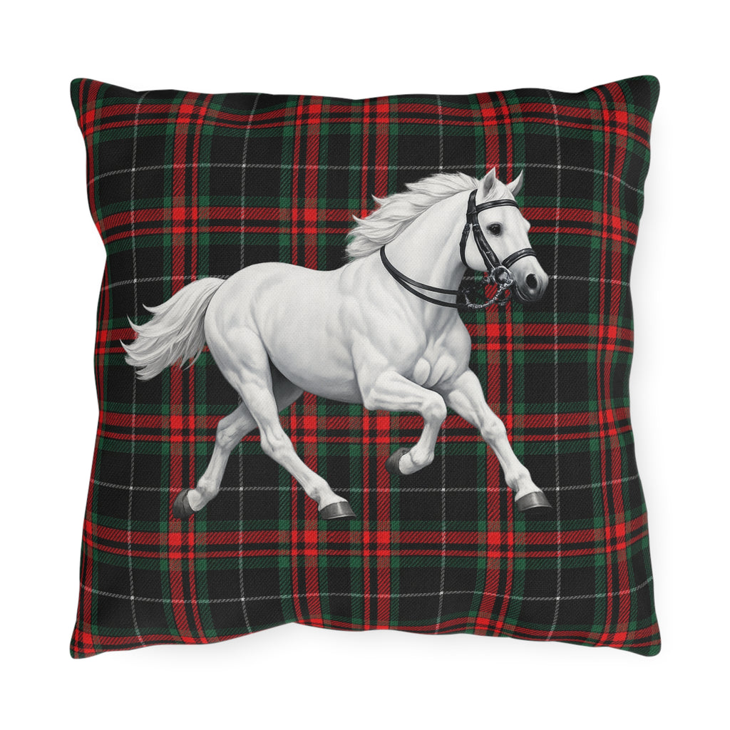 White Horse on Red and Black Tartan Outdoor Pillow