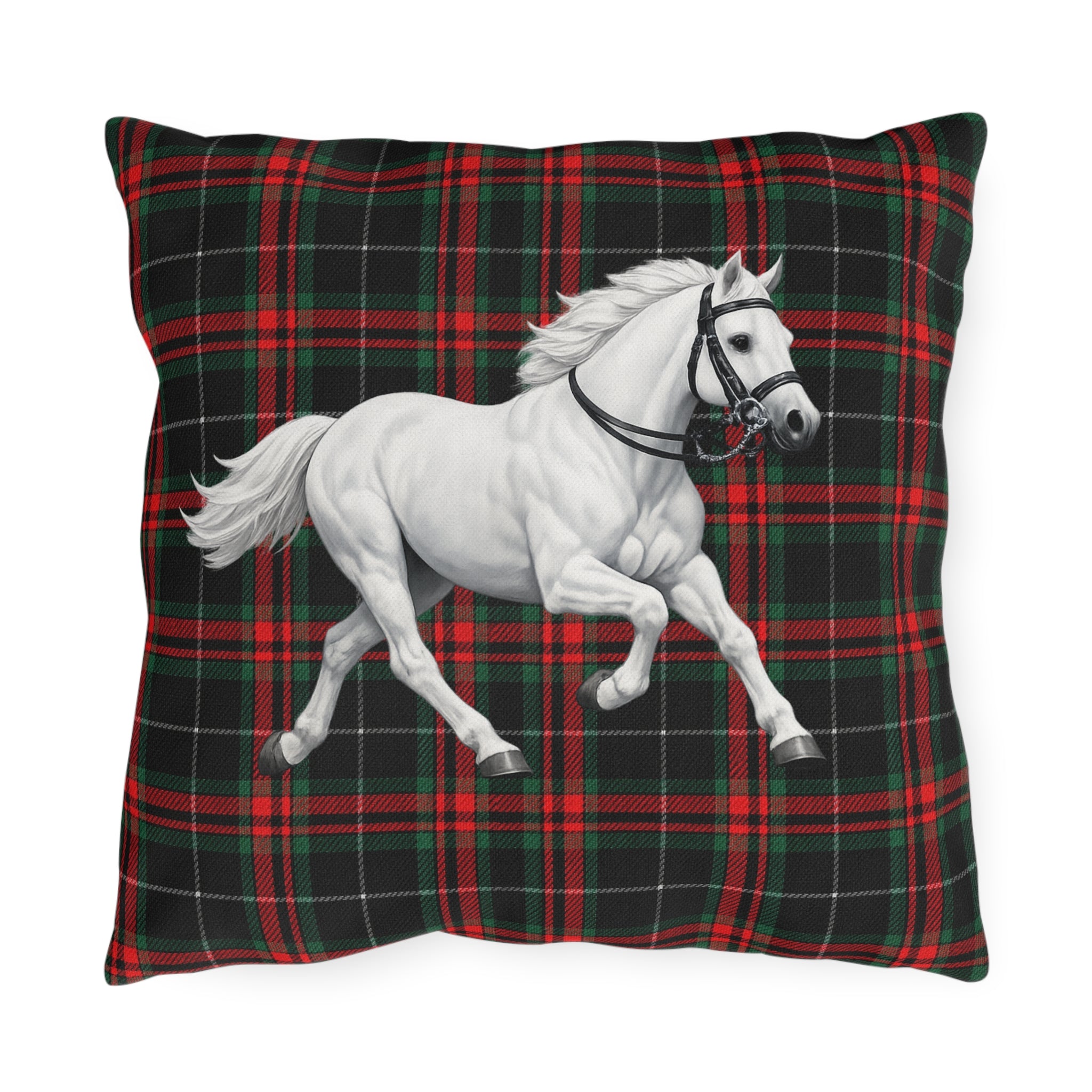White Horse on Red and Black Tartan Outdoor Pillow