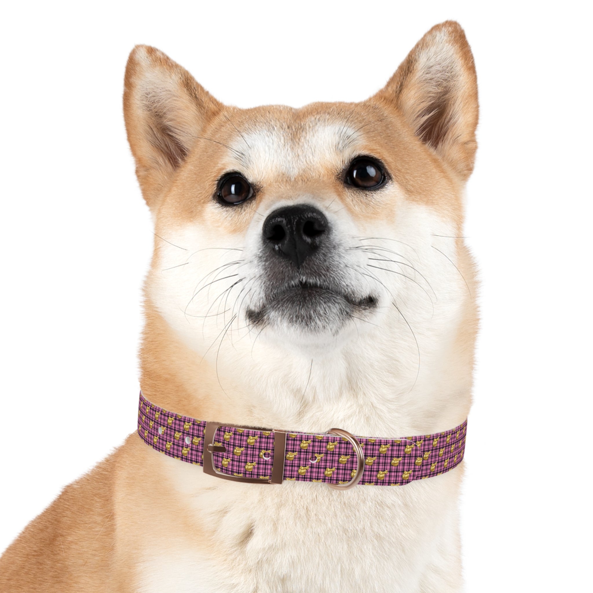 Pink Plaid Dog Collar with Tiny Gold Saddle Pattern