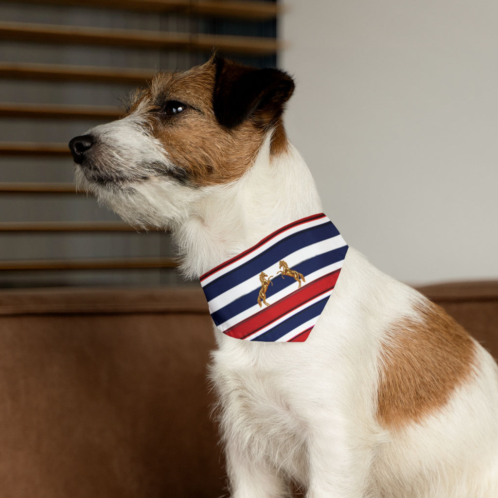 Striped Dog Bandana Collar with Gold Rearing Horses Motif — Nautical Red, White & Blue Pet Accessory