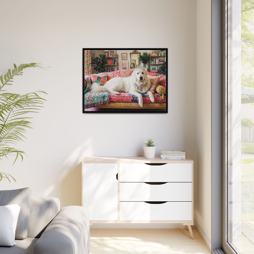 Framed Matte Canvas Regal Great Pyrenees presented in a whimsical lounge