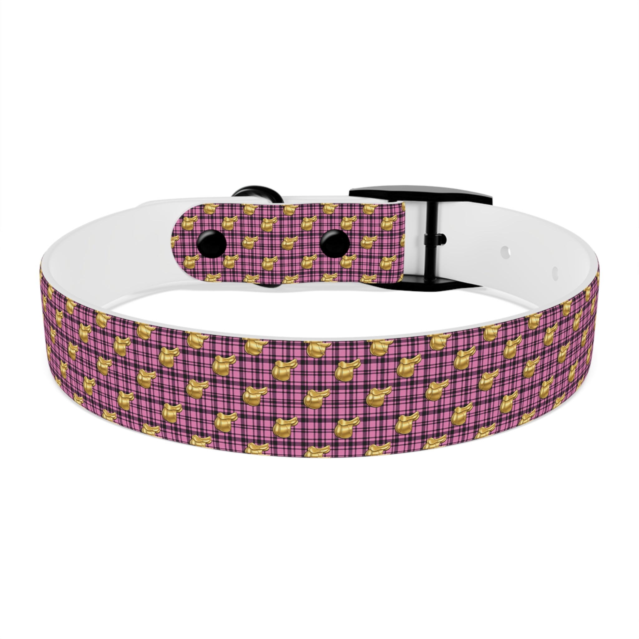 Pink Plaid Dog Collar with Tiny Gold Saddle Pattern
