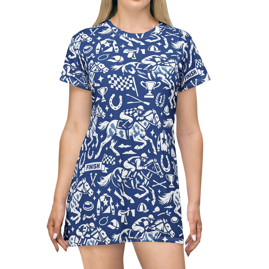 Equestrian horse racing Pattern T‑Shirt Dress — Blue Horse Racing Print