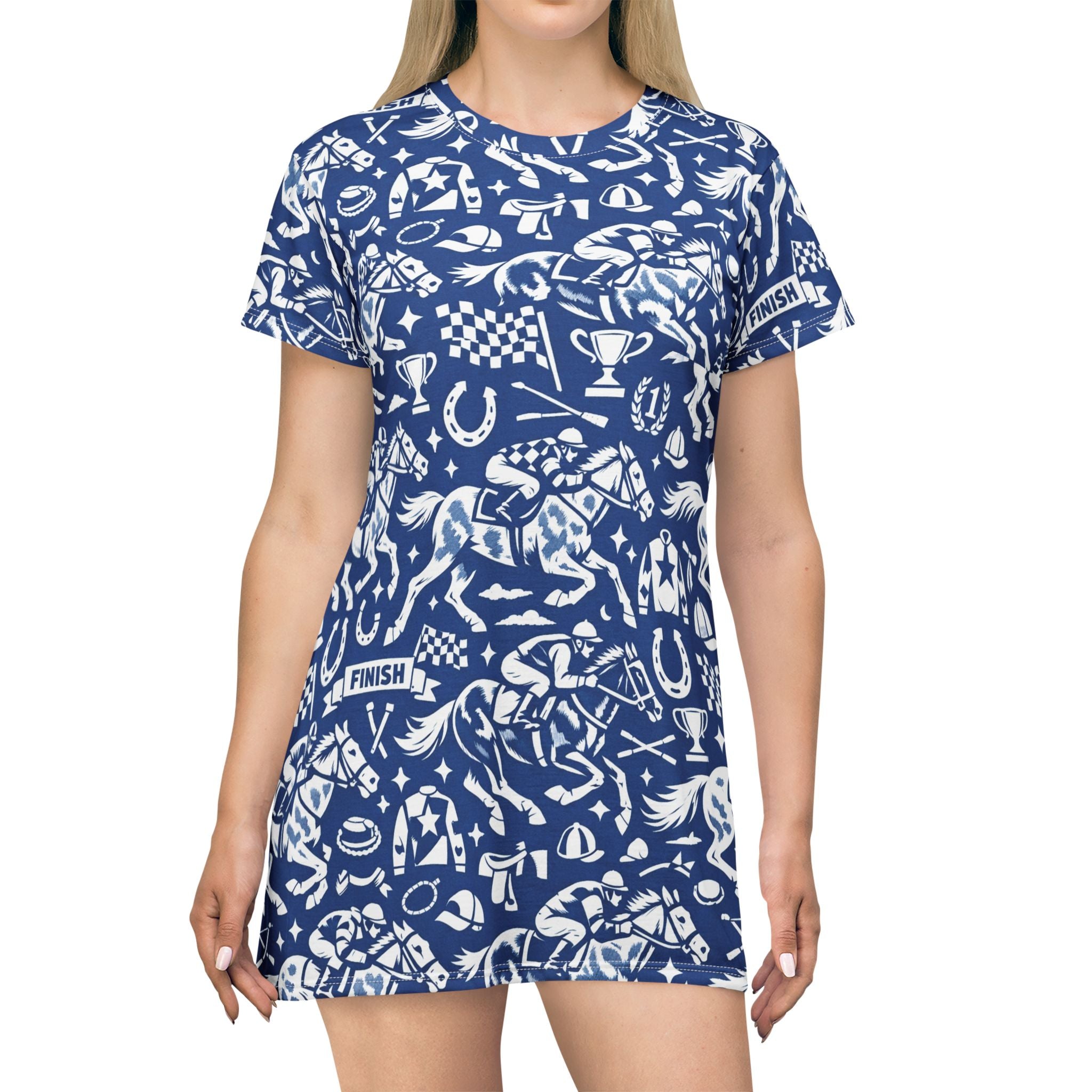 Equestrian horse racing Pattern T‑Shirt Dress — Blue Horse Racing Print