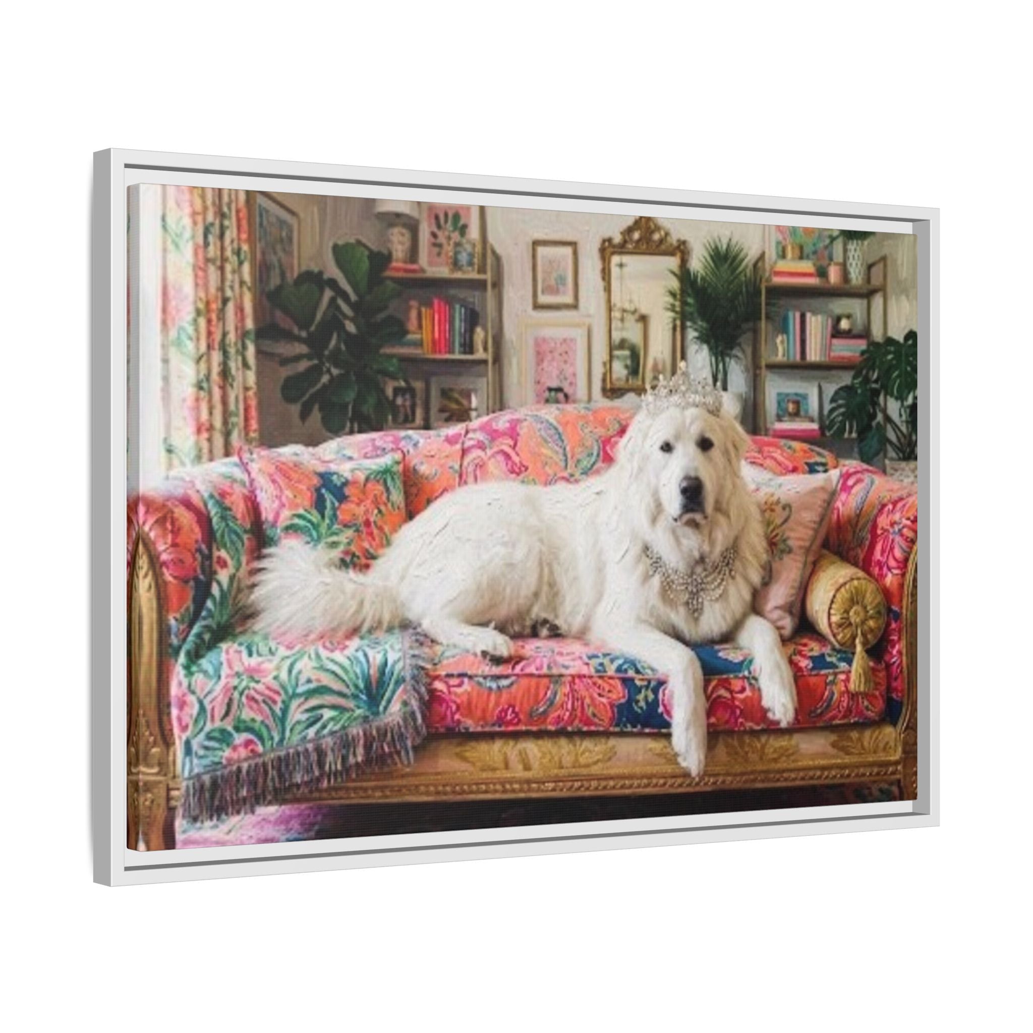 Framed Matte Canvas Regal Great Pyrenees presented in a whimsical lounge