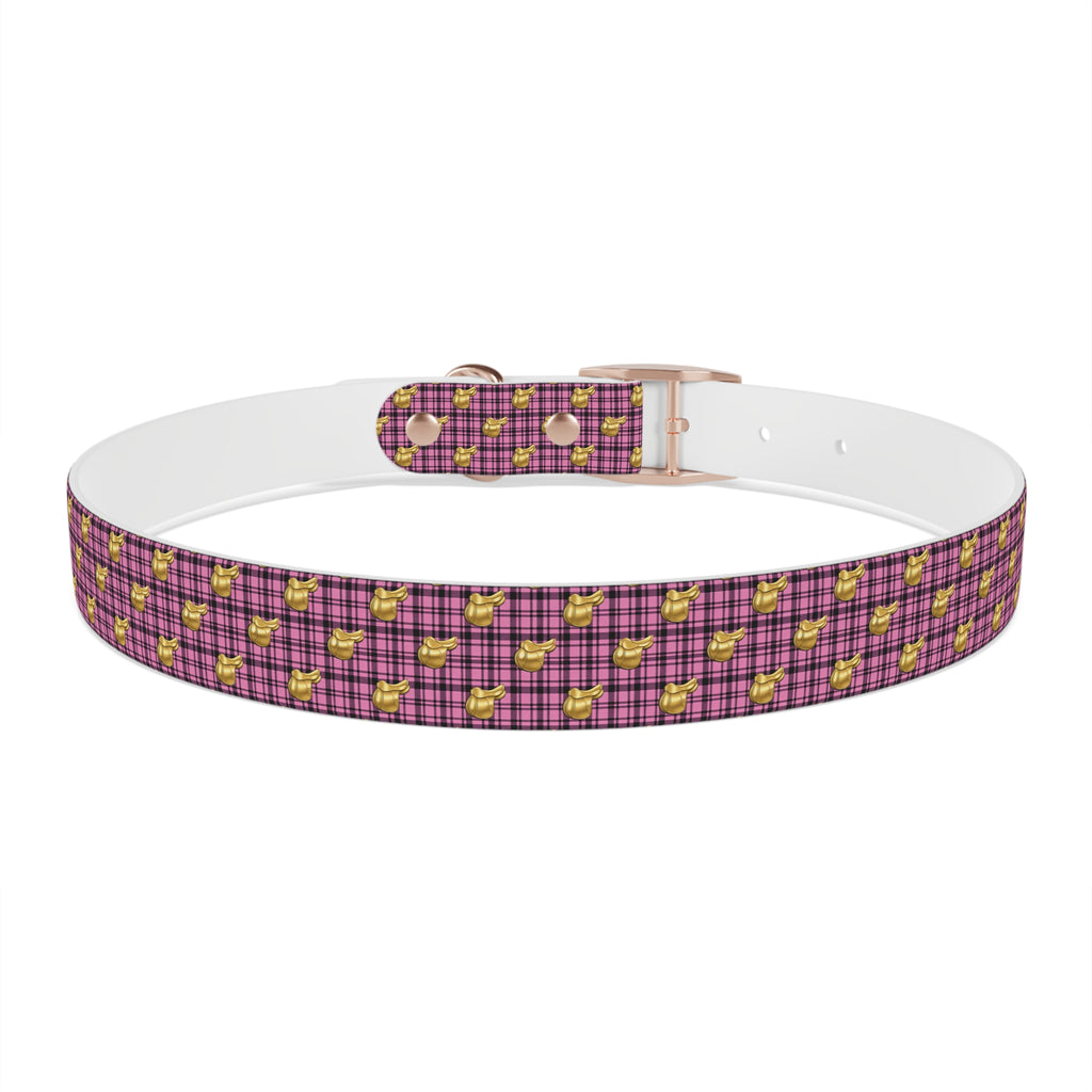 Pink Plaid Dog Collar with Tiny Gold Saddle Pattern