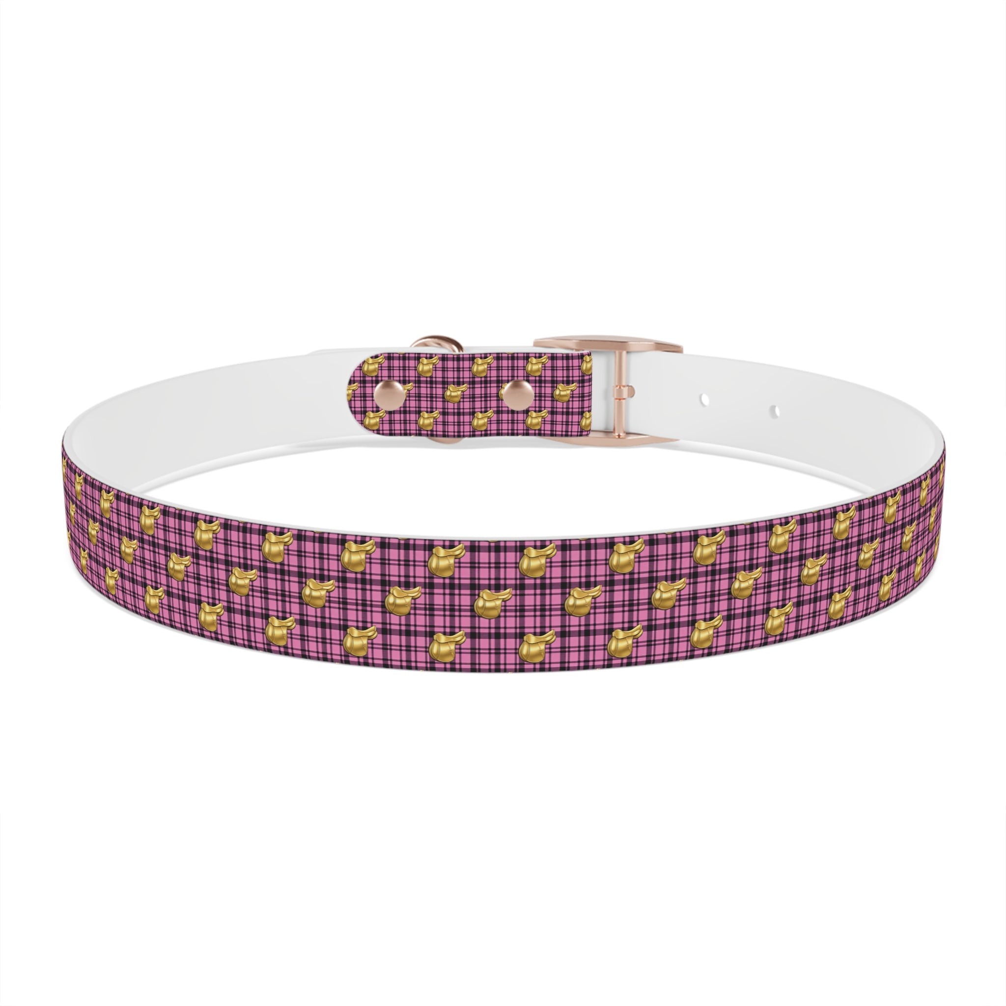 Pink Plaid Dog Collar with Tiny Gold Saddle Pattern