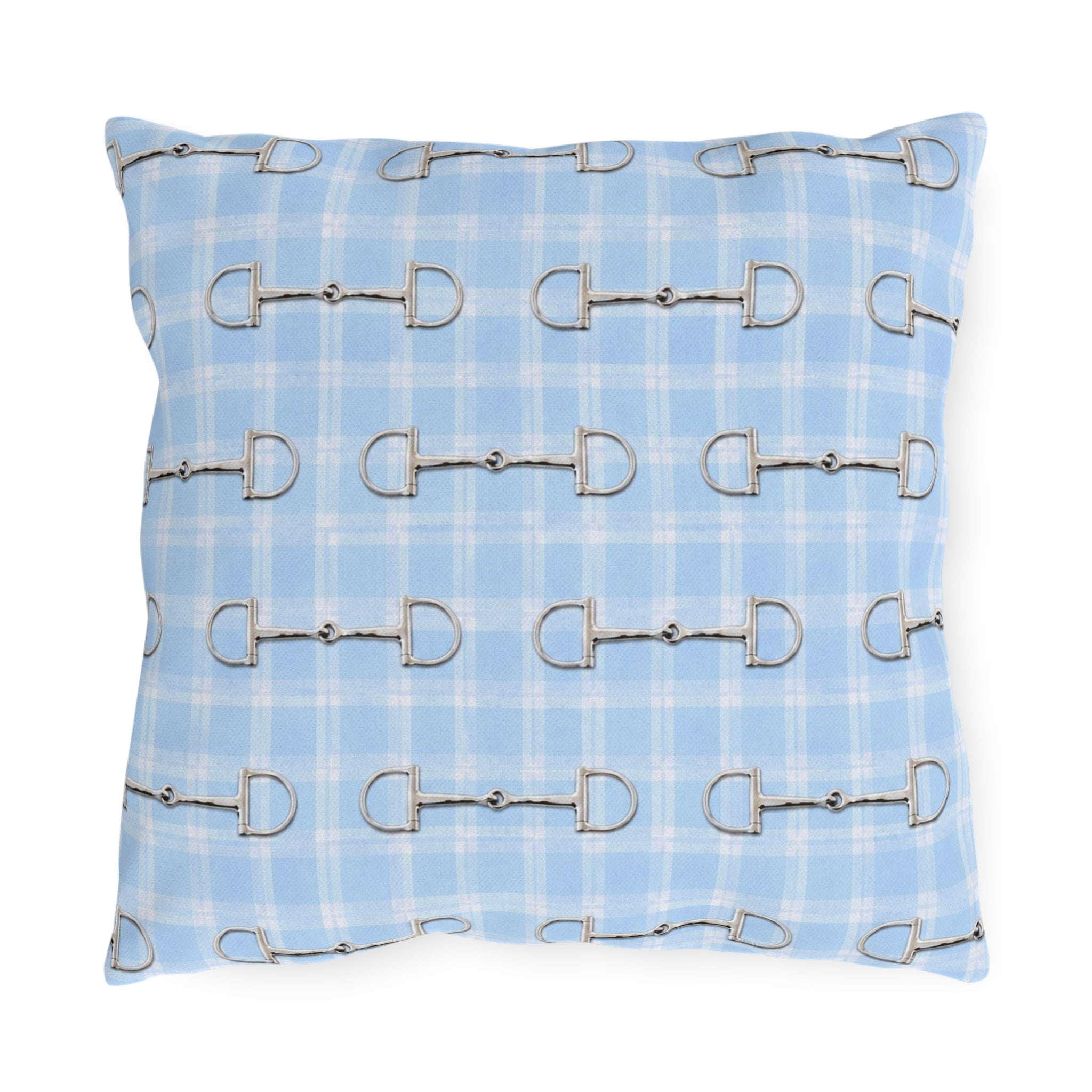 Baby Blue Plaid Horse Bit Outdoor Pillow