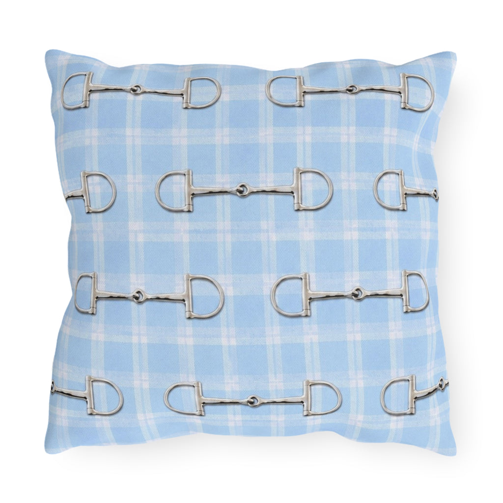 Baby Blue Plaid Horse Bit Outdoor Pillow