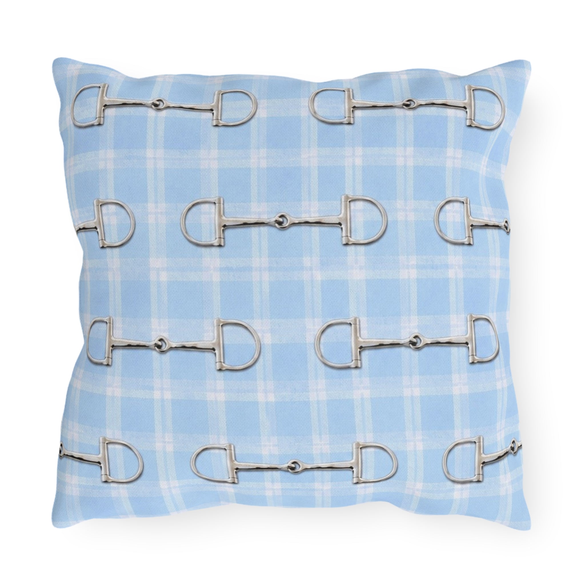 Baby Blue Plaid Horse Bit Outdoor Pillow
