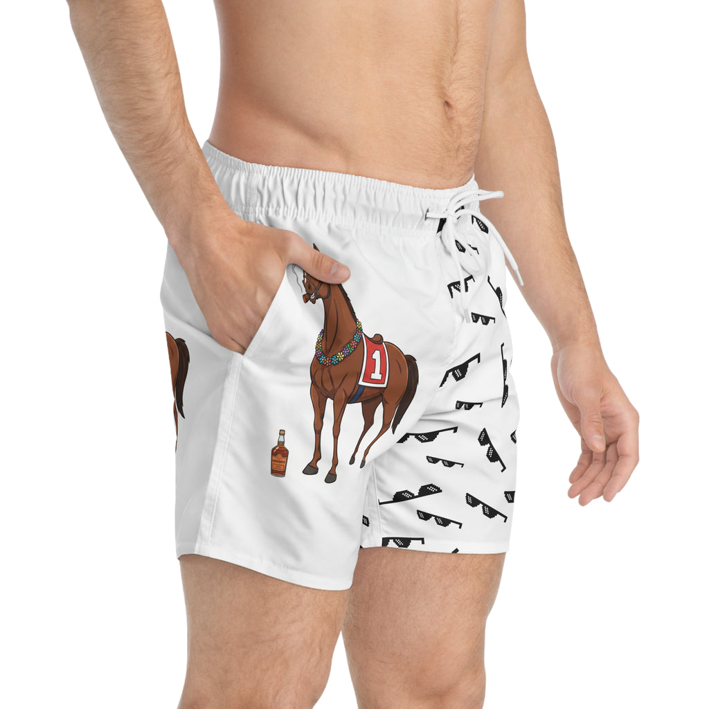 Horse Racing Swim Trunks — Funny Whiskey & Cigarette Jockey Print